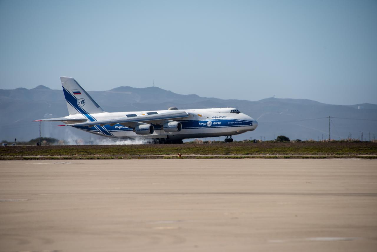 The Antonov cargo aircraft carrying the Sentinel-6 Michael Freilich satellite touches down on the runway at Vandenberg Air Force Base in California on Sept. 24, 2020. The mission is an international partnership and the first launch of a constellation of two satellites that will observe changes in Earth’s sea levels for at least the next decade. Launching atop a SpaceX Falcon 9 rocket, Sentinel-6 Michael Freilich is targeted to lift off from Vandenberg’s Space Launch Complex 4 on Nov. 10, 2020. The Launch Services Program at Kennedy is responsible for launch management.