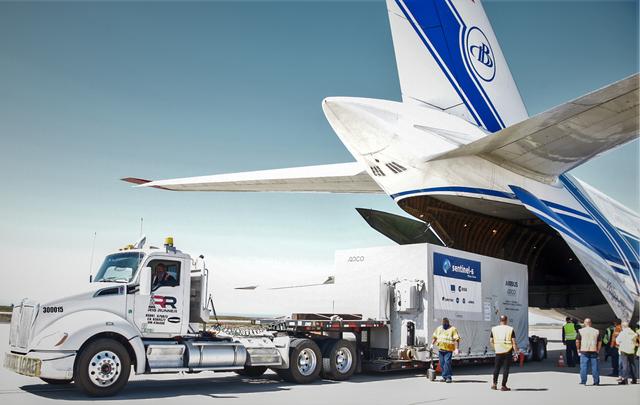 The Sentinel-6 Michael Freilich satellite, secured inside a shipping container, arrives at Vandenberg Air Force Base in California on Sept. 24, 2020, aboard an Antonov cargo aircraft. The mission is an international partnership and the first launch of a constellation of two satellites that will observe changes in Earth’s sea levels for at least the next decade. Launching atop a SpaceX Falcon 9 rocket, Sentinel-6 Michael Freilich is targeted to lift off from Vandenberg’s Space Launch Complex 4 on Nov. 10, 2020. The Launch Services Program at Kennedy is responsible for launch management.