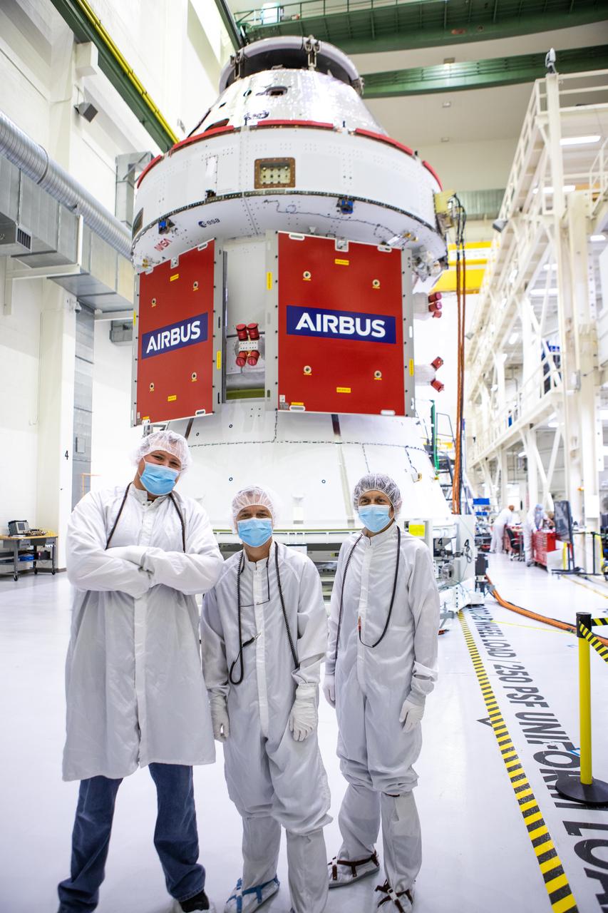 All four solar array wings were installed on the Orion spacecraft for Artemis I inside the Neil Armstrong Operations and Checkout Building high bay at NASA’s Kennedy Space Center in Florida on Sept. 25, 2020. Standing in front of the spacecraft are technicians with ASRC. The solar arrays were extended, inspected, and then retracted before installation on the spacecraft. Each solar array panel will generate 11 kilowatts of power and span about 63 feet. The array is a component of Orion’s service module, which is provided by the European Space Agency and built by Airbus Defence and Space to supply Orion’s power, propulsion, air, and water. The first in a series of increasingly complex missions, Artemis I will test the Orion spacecraft and Space Launch System as an integrated system ahead of crewed flights to the Moon. Under the Artemis program, NASA will land the first woman and the next man on the Moon in 2024. 