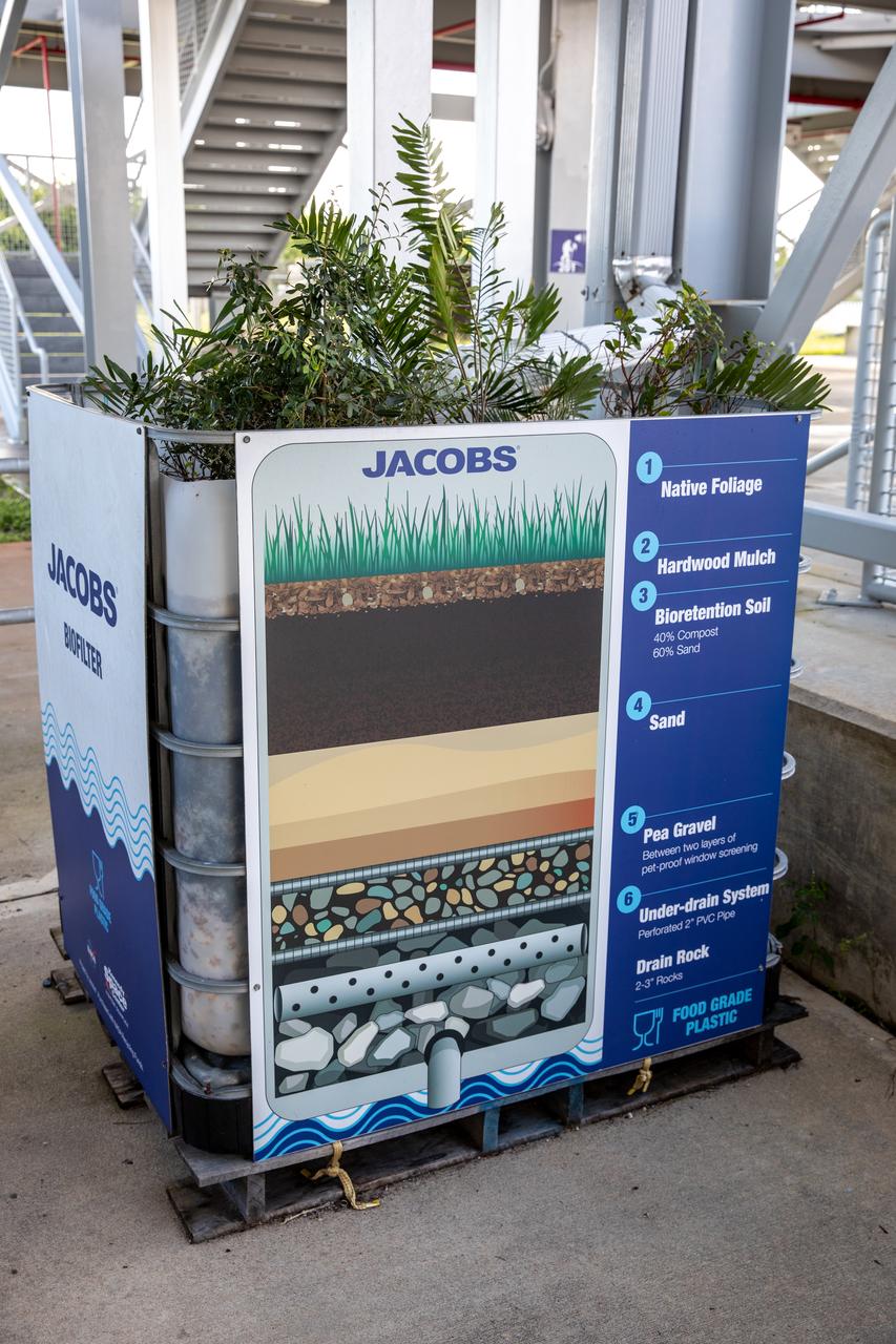 NASA Kennedy Space Center’s unrivaled dedication to the environment is highlighted through a variety of environmental programs and projects. Through a partnership with Jacobs Technology, Inc., teams have constructed a bio-filter – made of layered rock, soil, and native plants – as an eco-friendly way to filter zinc out of rainwater runoff. Photographed on Sept. 29, 2020, at the Florida spaceport’s Launch Complex 39 observation tower, the bio-filter catches water that runs off of this location’s galvanized roof, which contains a coating of zinc to help protect the metal from rust or corrosion. The plants in the bio-filter bind to the zinc so that when the water comes out of the bottom, it’s clean and safe to go into the Indian River Lagoon – its waterline located about 20 to 30 feet away.