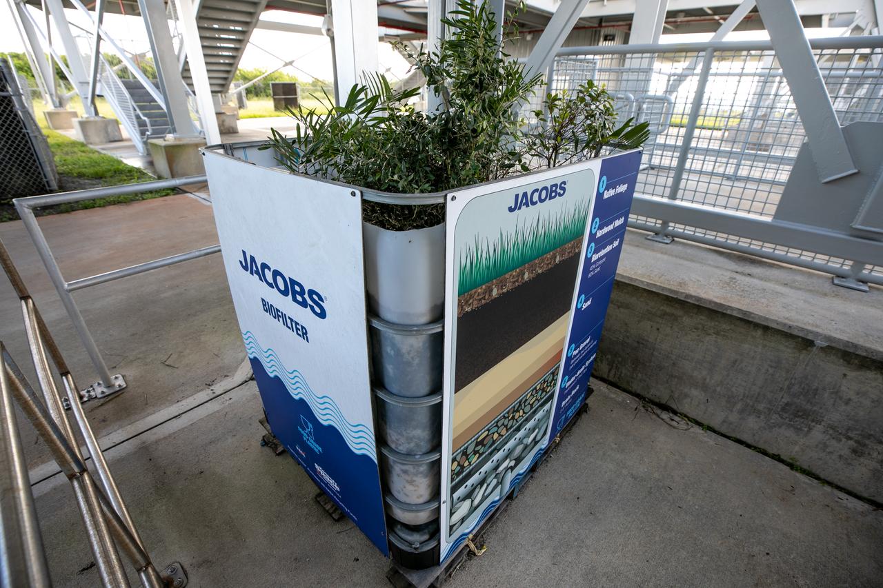 NASA Kennedy Space Center’s unrivaled dedication to the environment is highlighted through a variety of environmental programs and projects. Through a partnership with Jacobs Technology, Inc., teams have constructed a bio-filter – made of layered rock, soil, and native plants – as an eco-friendly way to filter zinc out of rainwater runoff. Photographed on Sept. 29, 2020, at the Florida spaceport’s Launch Complex 39 observation tower, the bio-filter catches water that runs off of this location’s galvanized roof, which contains a coating of zinc to help protect the metal from rust or corrosion. The plants in the bio-filter bind to the zinc so that when the water comes out of the bottom, it’s clean and safe to go into the Indian River Lagoon – its waterline located about 20 to 30 feet away.