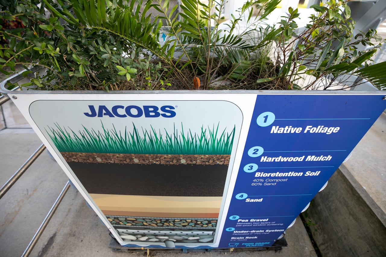 NASA Kennedy Space Center’s unrivaled dedication to the environment is highlighted through a variety of environmental programs and projects. Through a partnership with Jacobs Technology, Inc., teams have constructed a bio-filter – made of layered rock, soil, and native plants – as an eco-friendly way to filter zinc out of rainwater runoff. Photographed on Sept. 29, 2020, at the Florida spaceport’s Launch Complex 39 observation tower, the bio-filter catches water that runs off of this location’s galvanized roof, which contains a coating of zinc to help protect the metal from rust or corrosion. The plants in the bio-filter bind to the zinc so that when the water comes out of the bottom, it’s clean and safe to go into the Indian River Lagoon – its waterline located about 20 to 30 feet away.