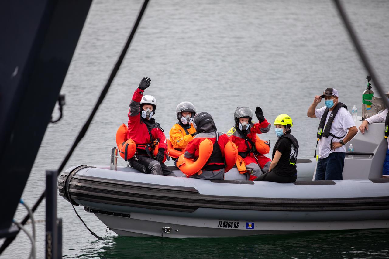 NASA astronauts Shane Kimbrough and Megan McArthur, Japan Aerospace Exploration Agency astronaut Akihiko Hoshide, and European Space Agency astronaut Thomas Pesquet participate in an egress training exercise in Port Canaveral, Florida, on Oct. 1, 2020, in preparation for NASA’s SpaceX Crew-2 mission as part of the agency’s Commercial Crew Program. The exercise involved simulating an emergency situation after splashdown of the Crew Dragon spacecraft. Using a mock-up of the Crew Dragon, the crew practiced exiting the capsule and jumping into the water. Crew-2 is targeted to launch from Kennedy Space Center’s Launch Complex 39A in spring 2021.