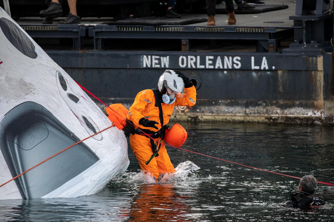 NASA astronauts Shane Kimbrough and Megan McArthur, Japan Aerospace Exploration Agency astronaut Akihiko Hoshide, and European Space Agency astronaut Thomas Pesquet participate in an egress training exercise in Port Canaveral, Florida, on Oct. 1, 2020, in preparation for NASA’s SpaceX Crew-2 mission as part of the agency’s Commercial Crew Program. The exercise involved simulating an emergency situation after splashdown of the Crew Dragon spacecraft. Using a mock-up of the Crew Dragon, the crew practiced exiting the capsule and jumping into the water. Crew-2 is targeted to launch from Kennedy Space Center’s Launch Complex 39A in spring 2021.