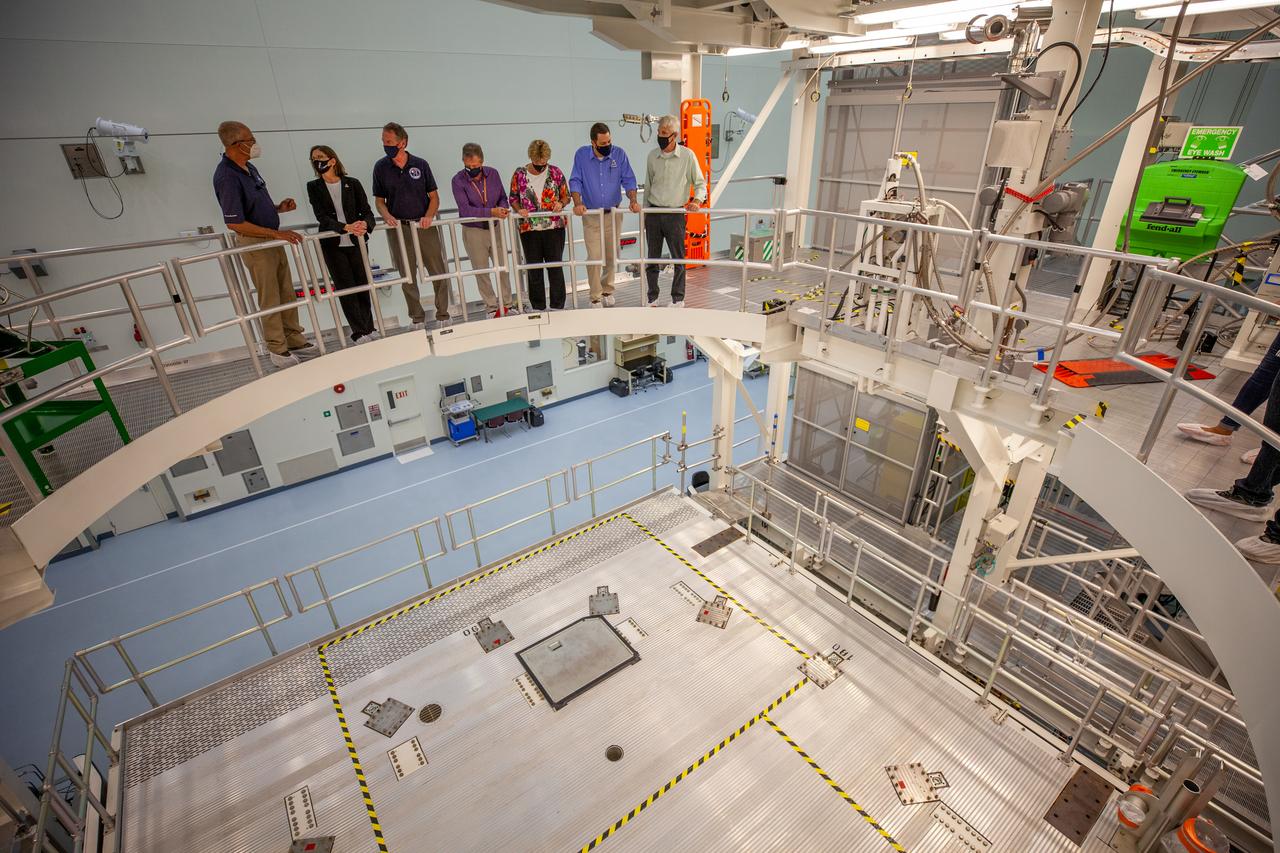 Catherine Koerner, second from left, NASA Orion Program manager, along with senior managers from Orion, Exploration Ground Systems (EGS) and TOSC, tours the Multi-Payload Processing Facility (MPPF) at NASA’s Kennedy Space Center in Florida on Oct. 5, 2020. Accompanying her, from left are Skip Williams, operations manager for the MPPF spacecraft offline element integration team; Mike Bolger, EGS manager; Nicolas Kindred, TOSC flow manager; Annette Hasbrook, Orion Program assistant manager; Jeremy Parsons, EGS deputy manager; and Scott Wilson, Orion Production Operations manager. Koerner viewed spacecraft hardware and processing facilities for the Artemis I and II missions. The first in a series of increasingly complex missions, Artemis I will test the Orion spacecraft and Space Launch System as an integrated system ahead of crewed flights to the Moon. Under the Artemis program, NASA will land the first woman and the next man on the Moon in 2024.