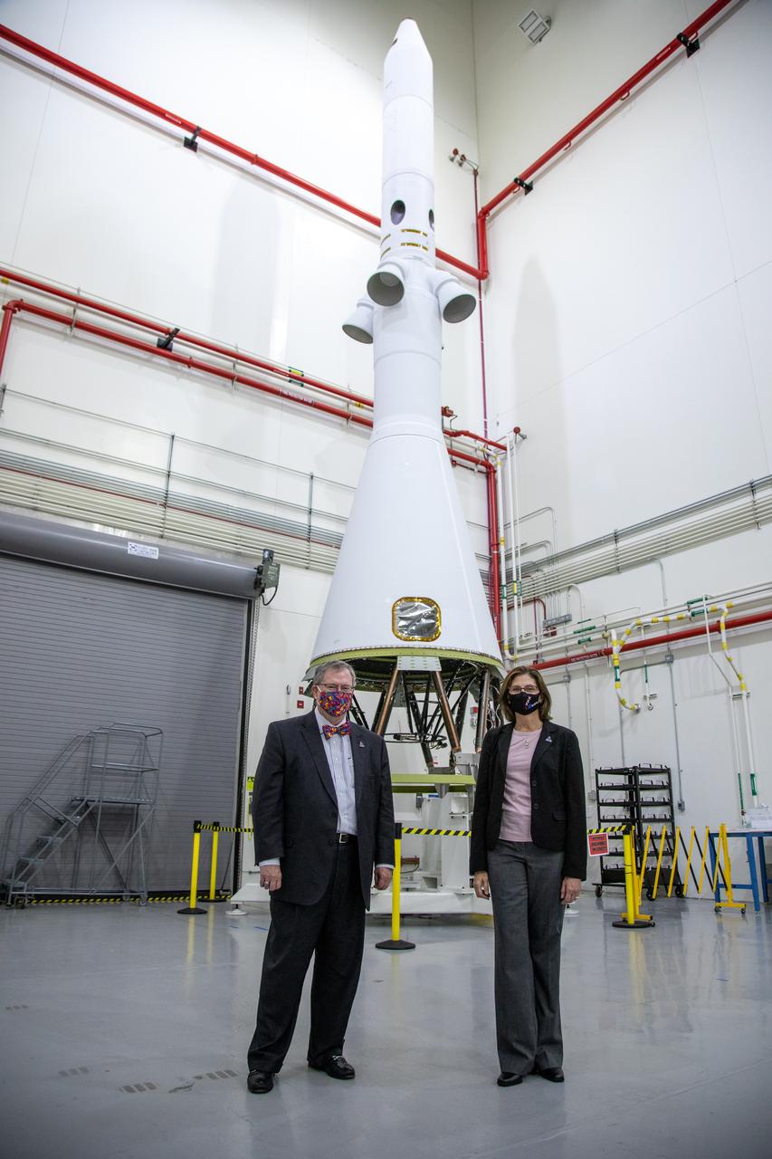 Catherine Koerner, NASA Orion Program manager, along with senior managers from Orion and Lockheed Martin, tour the Launch Abort System Facility at NASA’s Kennedy Space Center in Florida on Oct. 6, 2020. Pictured with Mike Hawes, Lockheed Martin vice president and Orion Program manager, they are viewing the launch abort system for the Artemis I mission. Koerner also viewed the Orion spacecraft for the Artemis I and II missions in the Neil Armstrong Operations and Checkout Building. The first in a series of increasingly complex missions, Artemis I will test the Orion spacecraft and Space Launch System as an integrated system ahead of crewed flights to the Moon. Under the Artemis program, NASA will land the first woman and the next man on the Moon in 2024.