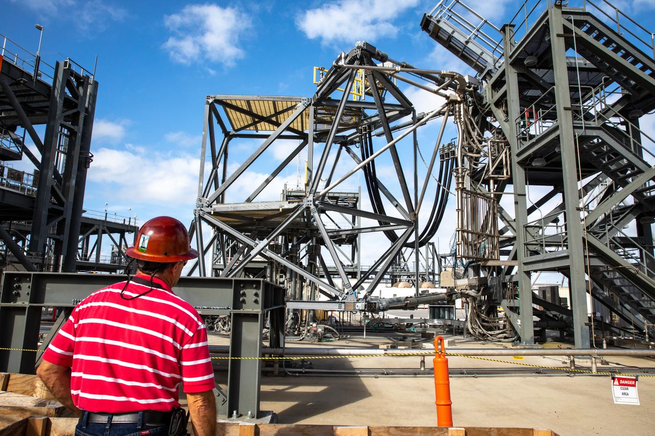 A view of one of the large test structures located at the Launch Equipment Test Facility (LETF) on Oct. 19, 2020, at NASA’s Kennedy Space Center in Florida. The LETF is a unique set of structures, equipment and tools built to test full-scale umbilicals and release mechanisms for the space shuttle. The facility also was used to test the umbilicals and other mechanisms for the mobile launcher. The mobile launcher will carry the Space Launch System and Orion spacecraft to Launch Pad 39B for Artemis I, a mission that will test the rocket and spacecraft as an integrated system ahead of crewed flights to the Moon. NASA will land the first woman and the next man on the Moon in 2024. 