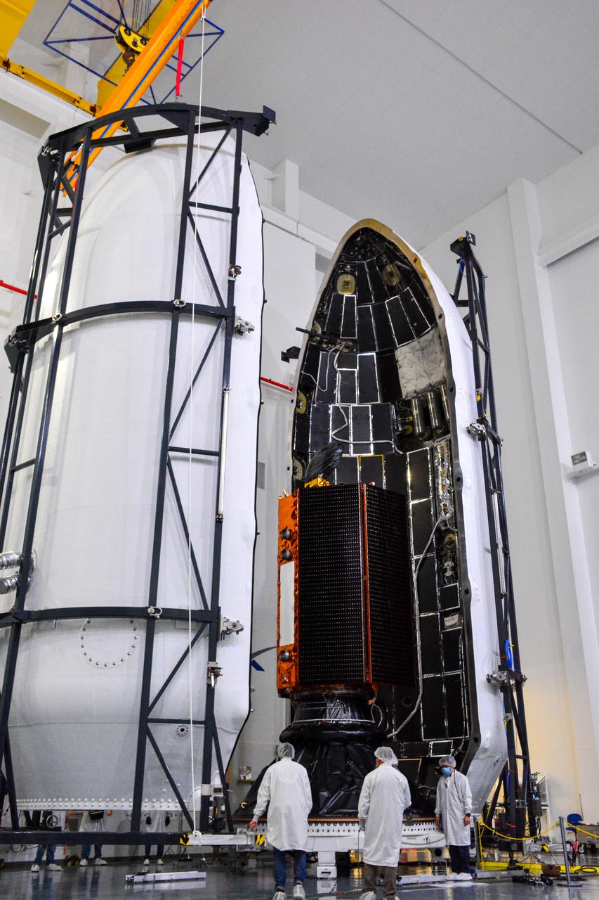 The U.S.-European Sentinel-6 Michael Freilich ocean-monitoring satellite is encapsulated in the SpaceX Falcon 9 rocket’s payload fairing on Nov. 3, 2020, inside SpaceX’s Payload Processing Facility at Vandenberg Air Force Base (VAFB) in California. Sentinel-6 is scheduled to launch on Nov. 21, 2020, at 12:17 p.m. EST (9:17 a.m. PST), from Space Launch Complex 4E at VAFB. The Launch Services Program at NASA’s Kennedy Space Center in Florida is responsible for launch management.