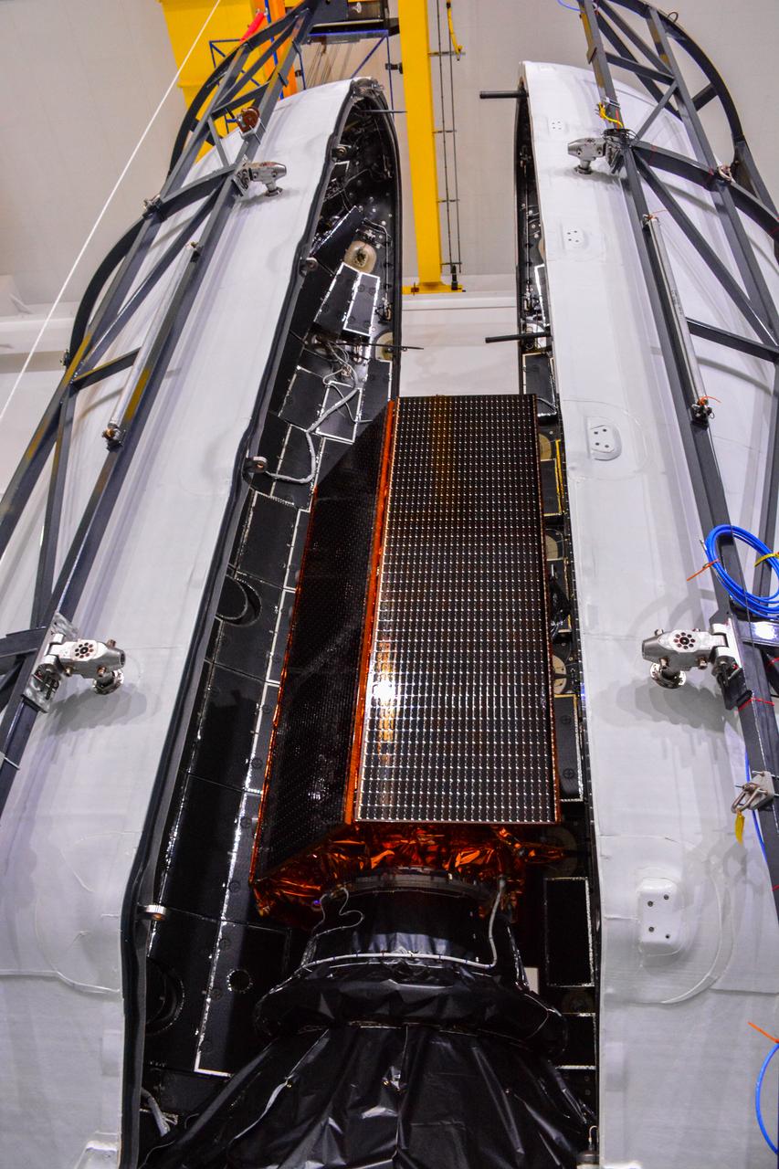 The U.S.-European Sentinel-6 Michael Freilich ocean-monitoring satellite is encapsulated in the SpaceX Falcon 9 rocket’s payload fairing on Nov. 3, 2020, inside SpaceX’s Payload Processing Facility at Vandenberg Air Force Base (VAFB) in California. Sentinel-6 is scheduled to launch on Nov. 21, 2020, at 12:17 p.m. EST (9:17 a.m. PST), from Space Launch Complex 4E at VAFB. The Launch Services Program at NASA’s Kennedy Space Center in Florida is responsible for launch management.