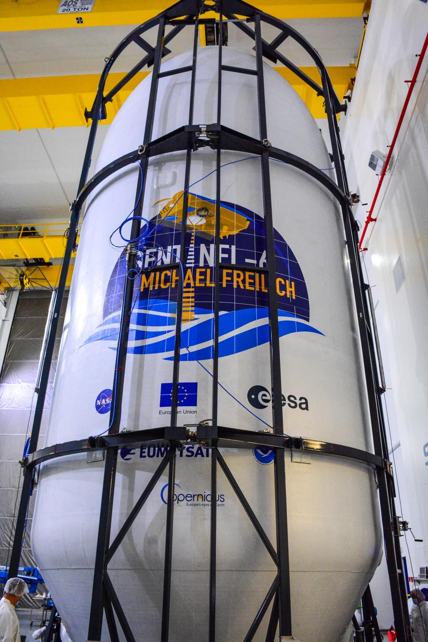 The U.S.-European Sentinel-6 Michael Freilich ocean-monitoring satellite, secured inside the SpaceX Falcon 9 rocket’s payload fairing, is shown inside SpaceX’s Payload Processing Facility at Vandenberg Air Force Base (VAFB) in California following encapsulation on Nov. 3, 2020. Sentinel-6 is scheduled to launch on Nov. 21, 2020, at 12:17 p.m. EST (9:17 a.m. PST), from Space Launch Complex 4E at VAFB. The Launch Services Program at NASA’s Kennedy Space Center in Florida is responsible for launch management.