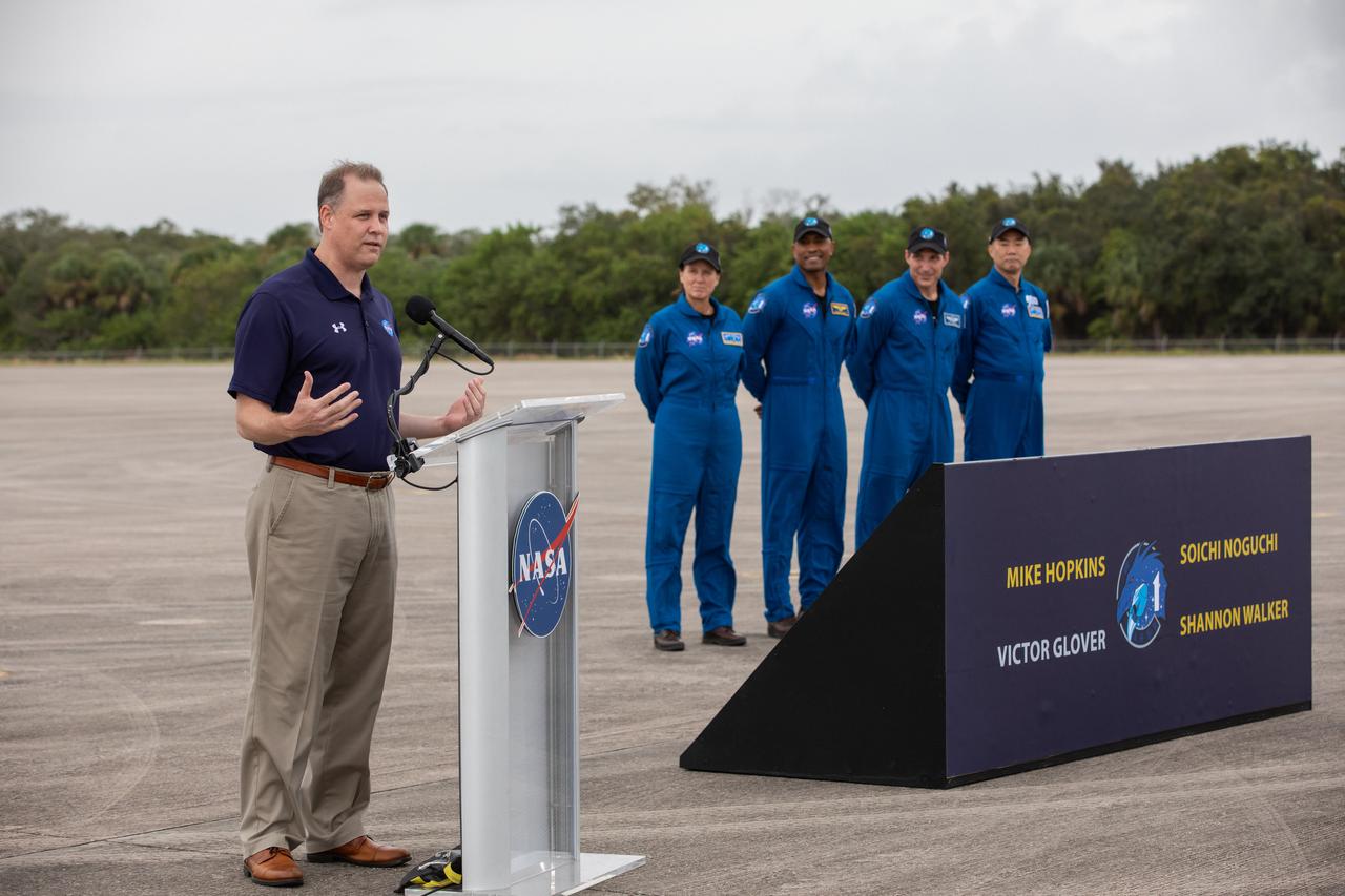 NASA Administrator Jim Bridenstine speaks to members of the media during a crew arrival event for NASA’s SpaceX Crew-1 mission at the Launch and Landing Facility at the agency’s Kennedy Space Center in Florida on Nov. 8, 2020. Crew-1 is the first crew rotation mission of a U.S. commercial spacecraft with astronauts to the International Space Station as part of NASA’s Commercial Crew Program. The SpaceX Crew Dragon spacecraft, named Resilience, will launch atop a Falcon 9 rocket from Kennedy’s Launch Complex 39A.