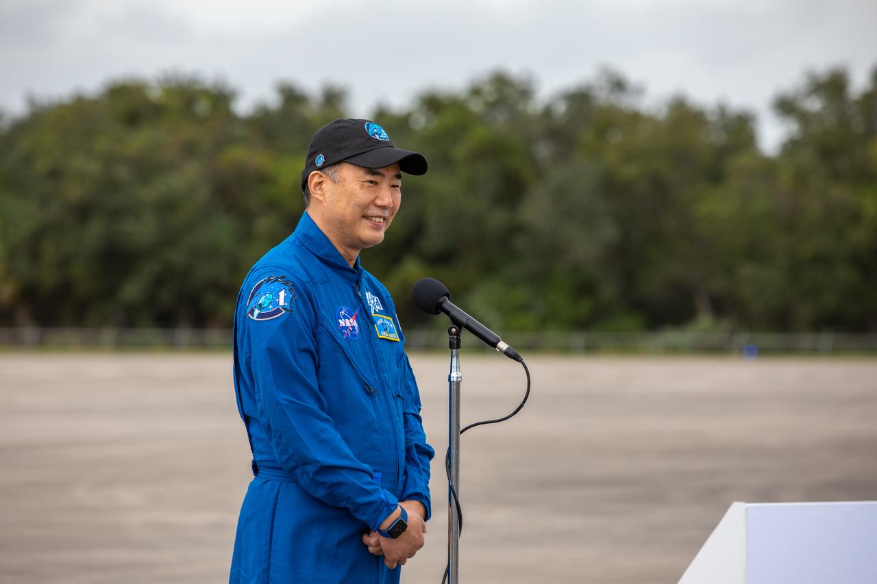 JAXA astronaut Soichi Noguchi, mission specialist, speaks to members of the media during a crew arrival event for NASA’s SpaceX Crew-1 mission at the Launch and Landing Facility at the agency’s Kennedy Space Center in Florida on Nov. 8, 2020. Crew-1 is the first crew rotation mission of a U.S. commercial spacecraft with astronauts to the International Space Station as part of NASA’s Commercial Crew Program. The SpaceX Crew Dragon spacecraft, named Resilience, will launch atop a Falcon 9 rocket from Kennedy’s Launch Complex 39A.