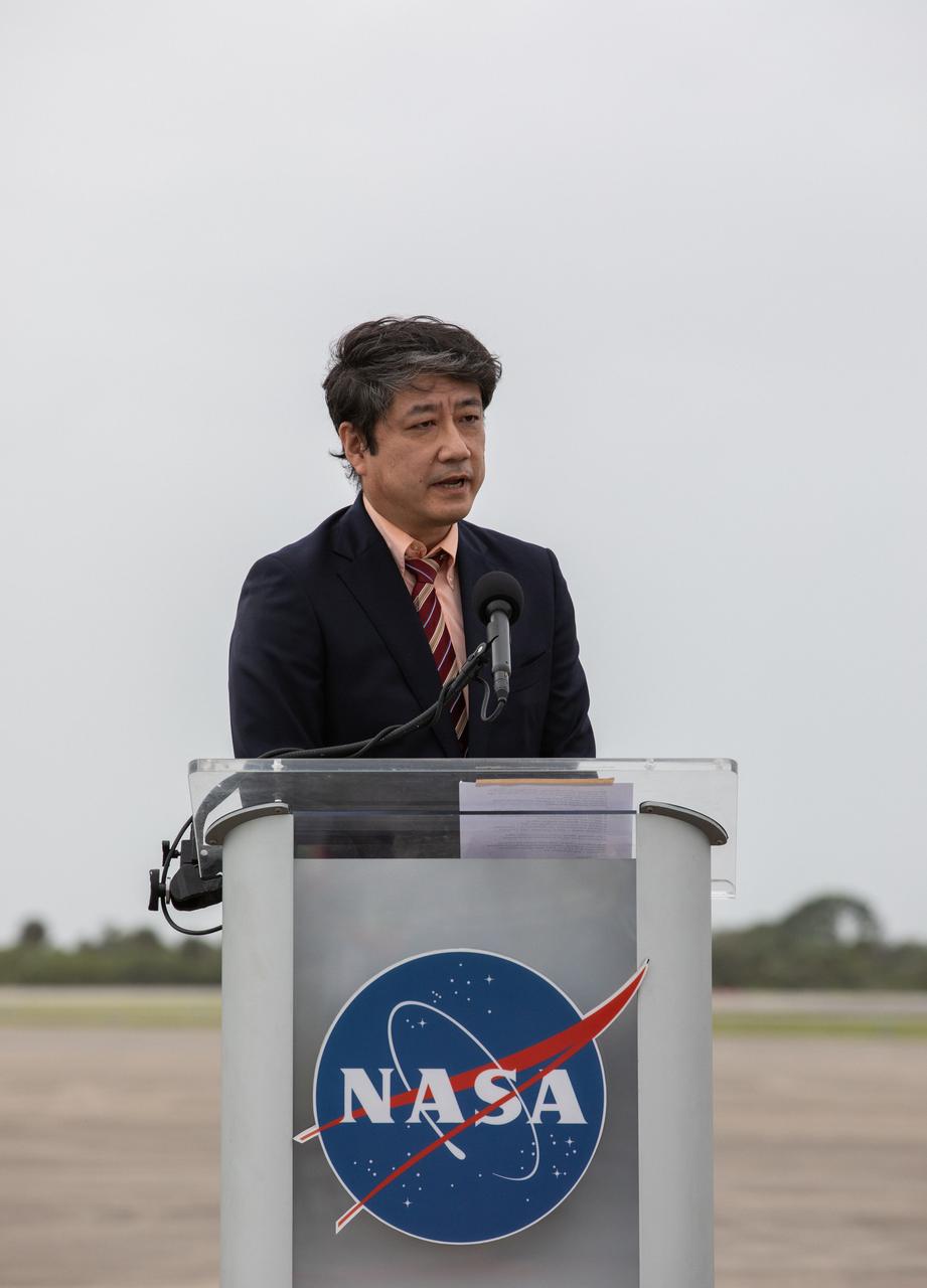 Junichi Sakai, manager, International Space Station Program, JAXA, speaks to members of the media during a crew arrival event for NASA’s SpaceX Crew-1 mission at the Launch and Landing Facility at the agency’s Kennedy Space Center in Florida on Nov. 8, 2020. Crew-1 is the first crew rotation mission of a U.S. commercial spacecraft with astronauts to the International Space Station as part of NASA’s Commercial Crew Program. The SpaceX Crew Dragon spacecraft, named Resilience, will launch atop a Falcon 9 rocket from Kennedy’s Launch Complex 39A.