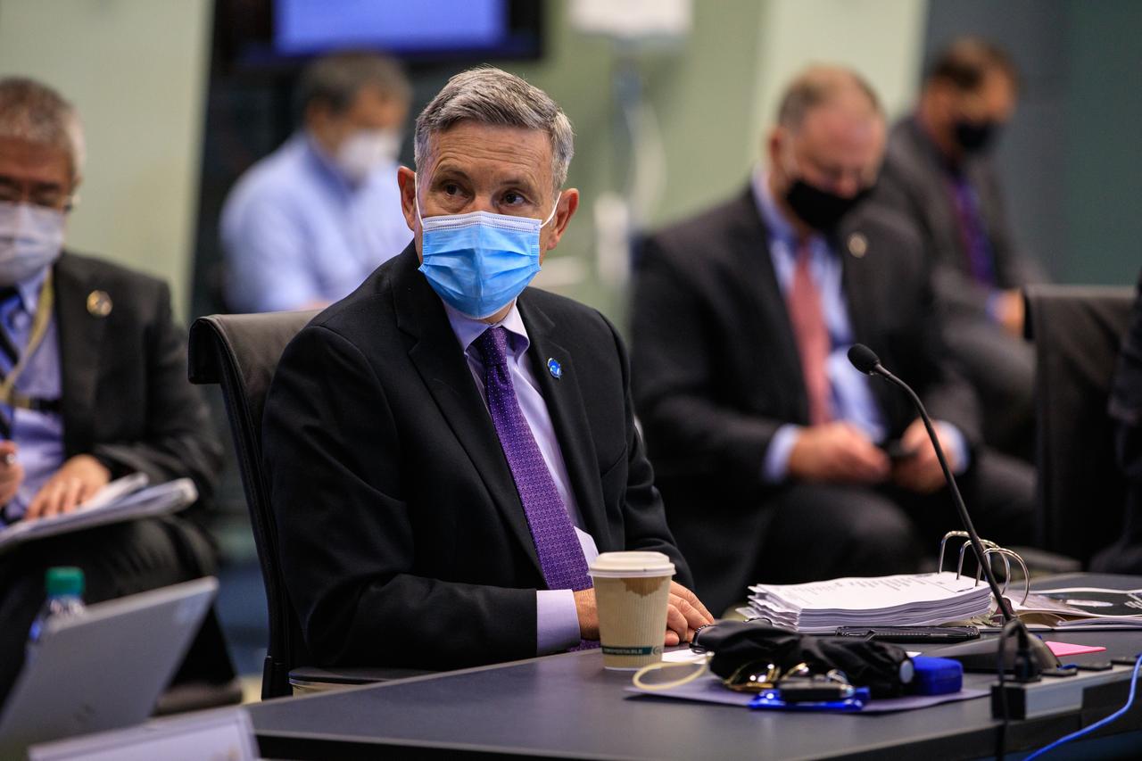 Kennedy Space Center Director Bob Cabana participates in a Flight Readiness Review (FRR) for the agency’s SpaceX Crew-1 mission at the center in Florida on Nov. 9, 2020. The FRR focuses on the preparedness of SpaceX’s crew transportation system, the International Space Station, and its international partners to support the flight, and the certification of flight readiness. Crew-1 is the first regular crew mission of a U.S. commercial spacecraft with astronauts to the International Space Station as part of NASA’s Commercial Crew Program. The Crew Dragon Resilience capsule will launch atop a Falcon 9 rocket from Launch Complex 39A carrying NASA astronauts Michael Hopkins, Victor Glover, Shannon Walker and Japan Aerospace Exploration Agency (JAXA) astronaut Soichi Noguchi to the space station for a six-month science mission.