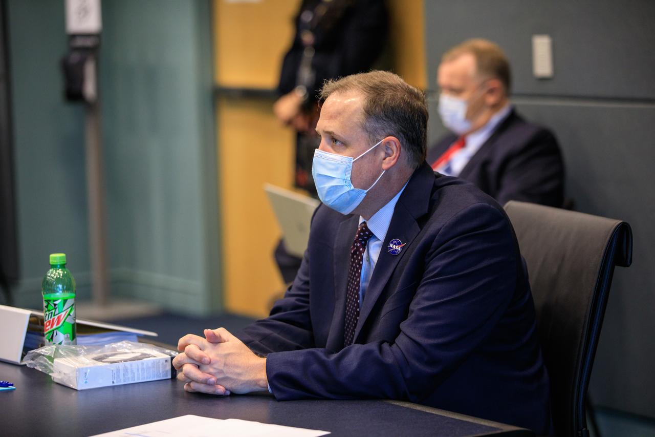 NASA Administrator Jim Bridenstine participates in a Flight Readiness Review (FRR) for the agency’s SpaceX Crew-1 mission at Kennedy Space Center in Florida on Nov. 9, 2020. The FRR focuses on the preparedness of SpaceX’s crew transportation system, the International Space Station, and its international partners to support the flight, and the certification of flight readiness. Crew-1 is the first regular crew mission of a U.S. commercial spacecraft with astronauts to the International Space Station as part of NASA’s Commercial Crew Program. The Crew Dragon Resilience capsule will launch atop a Falcon 9 rocket from Launch Complex 39A carrying NASA astronauts Michael Hopkins, Victor Glover, Shannon Walker and Japan Aerospace Exploration Agency (JAXA) astronaut Soichi Noguchi to the space station for a six-month science mission.