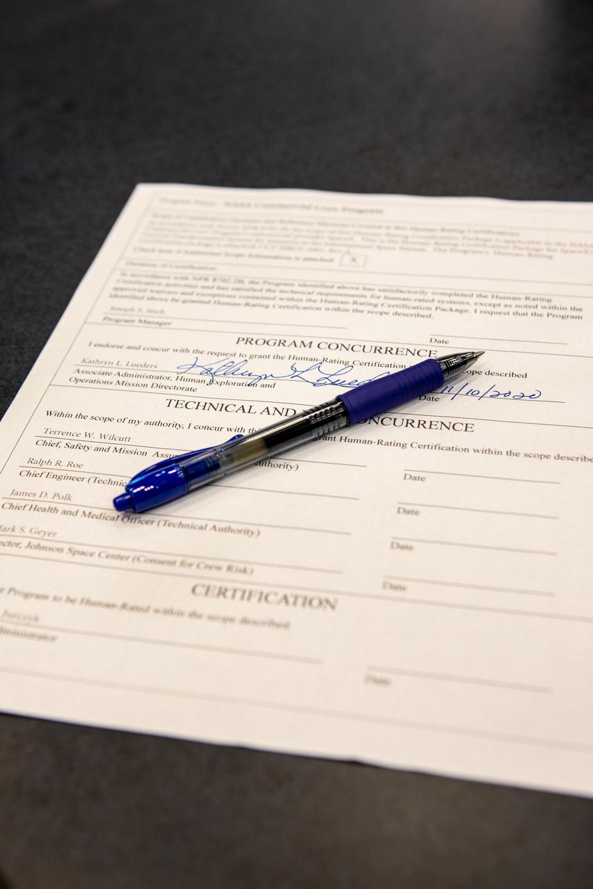 The Human Rating Certification Plan for SpaceX’s crew transportation system, officially certifying the first commercial spacecraft system in history capable of transporting humans to and from the International Space Station as part of the agency’s Commercial Crew Program was signed during the Flight Readiness Review (FRR) for the NASA’s SpaceX Crew-1 mission at Kennedy Space Center in Florida on Nov. 10, 2020. The FRR focuses on the preparedness of SpaceX’s crew transportation system, the International Space Station, and its international partners to support the flight, and the certification of flight readiness. Crew-1 is the first regular crew mission of a U.S. commercial spacecraft with astronauts to the International Space Station as part of NASA’s Commercial Crew Program. The Crew Dragon Resilience capsule will launch atop a Falcon 9 rocket from Launch Complex 39A carrying NASA astronauts Michael Hopkins, Victor Glover, Shannon Walker and Japan Aerospace Exploration Agency (JAXA) astronaut Soichi Noguchi to the space station for a six-month science mission.