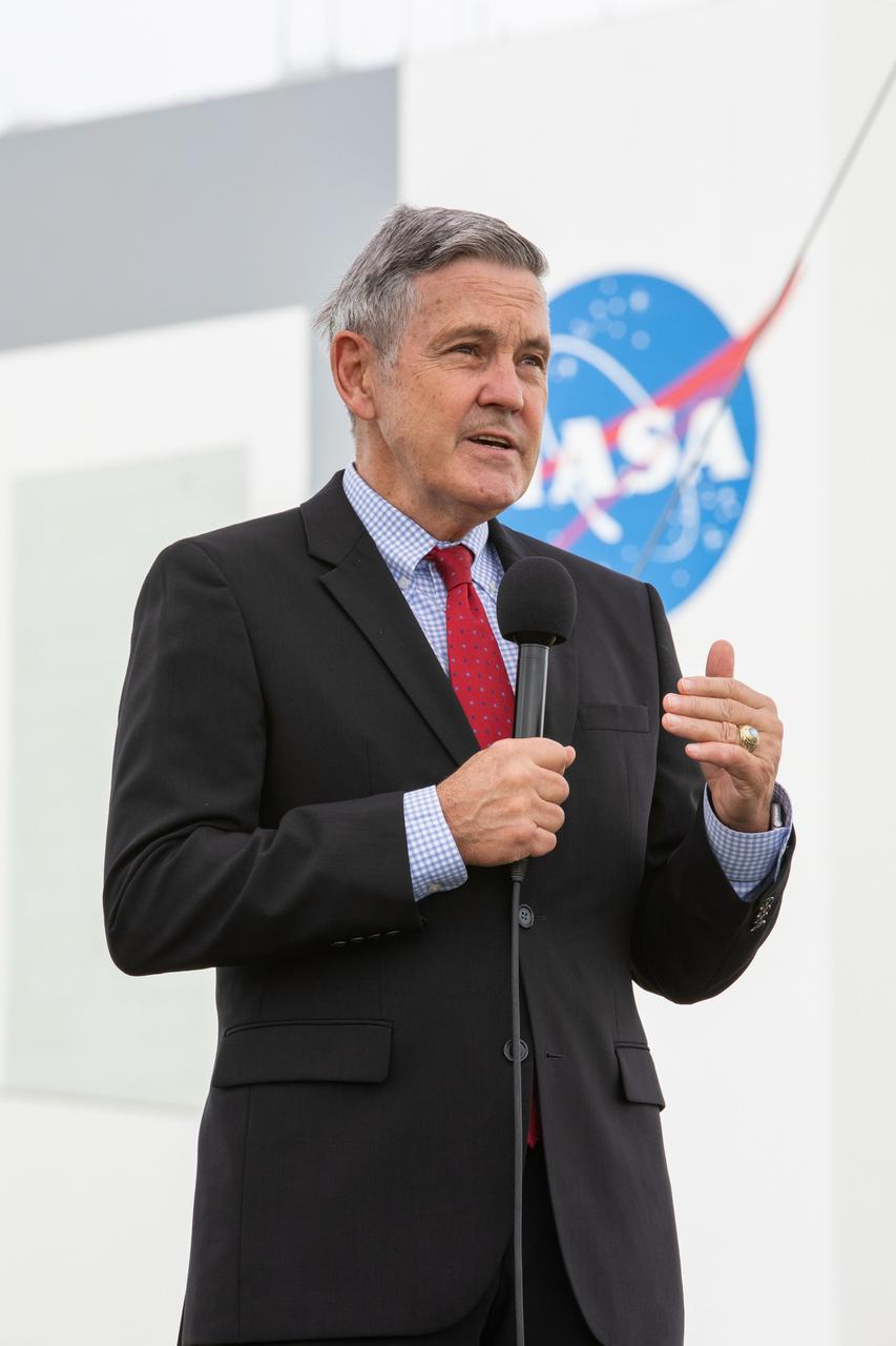 Kennedy Space Center Director Bob Cabana speaks to members of the media during a press briefing Nov. 13, 2020, near the Press Site countdown clock at the agency’s Kennedy Space Center in Florida ahead of NASA’s SpaceX Crew-1 launch. Crew-1 is the first regular crew mission of a U.S. commercial spacecraft with astronauts to the International Space Station as part of NASA’s Commercial Crew Program. The SpaceX Crew Dragon Resilience capsule will launch atop the company’s Falcon 9 rocket from Launch Complex 39A to the space station for a six-month science mission.