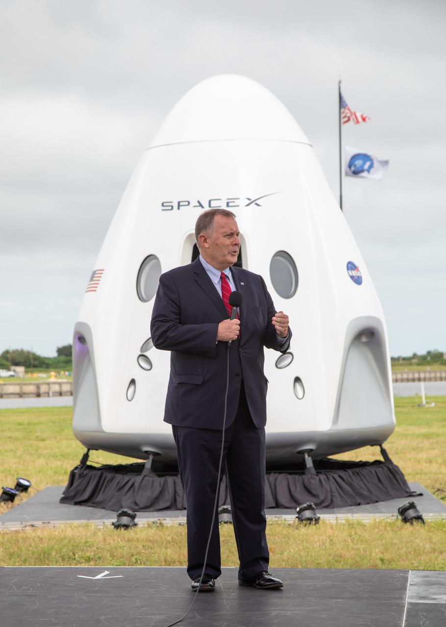 NASA Deputy Administrator Jim Morhard speaks to members of the media during a press briefing Nov. 13, 2020, near the Press Site countdown clock at the agency’s Kennedy Space Center in Florida ahead of NASA’s SpaceX Crew-1 launch. Crew-1 is the first regular crew mission of a U.S. commercial spacecraft with astronauts to the International Space Station as part of NASA’s Commercial Crew Program. The SpaceX Crew Dragon Resilience capsule will launch atop the company’s Falcon 9 rocket from Launch Complex 39A to the space station for a six-month science mission.