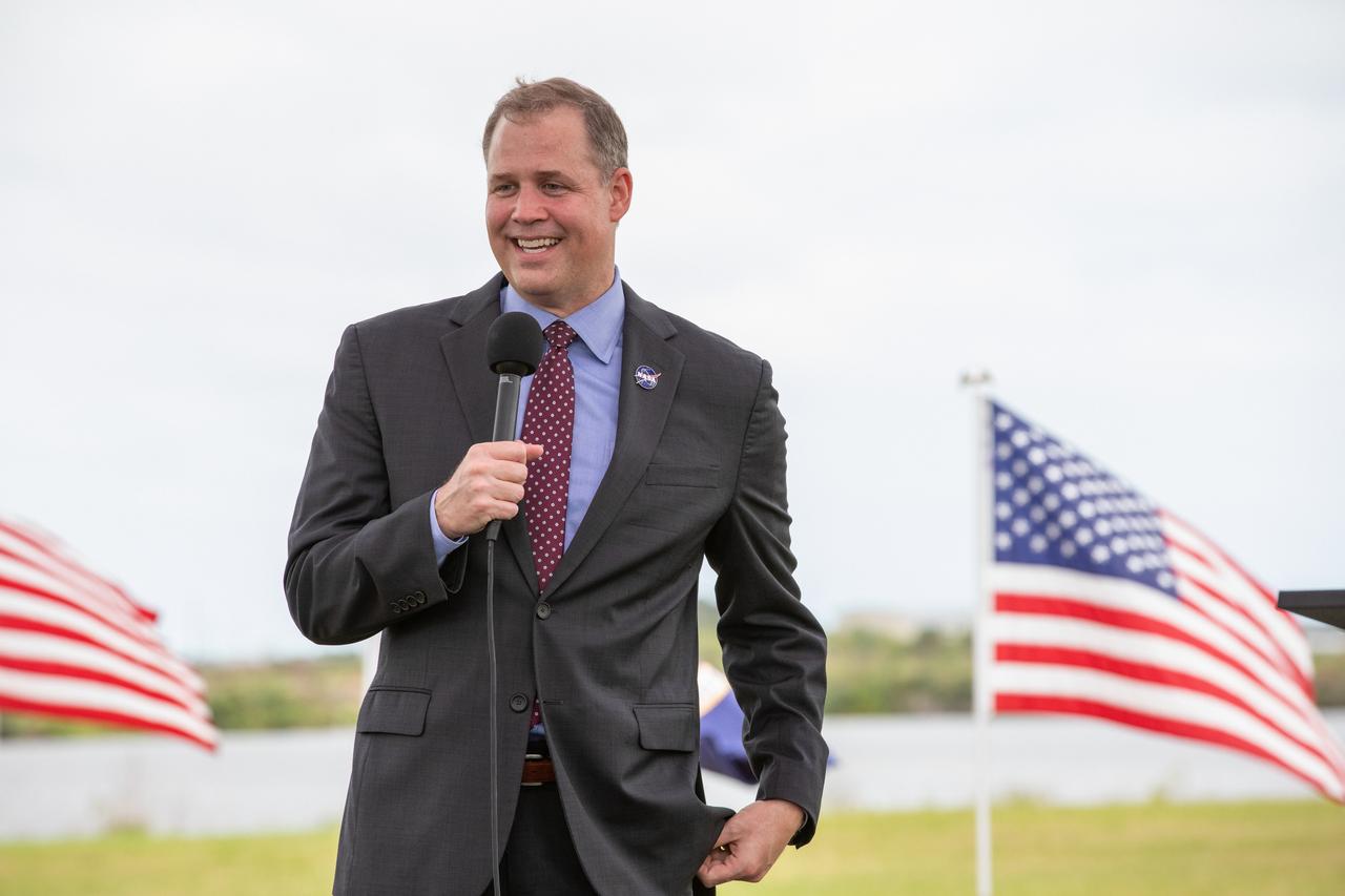NASA Administrator Jim Bridenstine speaks to members of the media during a press briefing Nov. 13, 2020, near the Press Site countdown clock at the agency’s Kennedy Space Center in Florida ahead of NASA’s SpaceX Crew-1 launch. Crew-1 is the first regular crew mission of a U.S. commercial spacecraft with astronauts to the International Space Station as part of NASA’s Commercial Crew Program. The SpaceX Crew Dragon Resilience capsule will launch atop the company’s Falcon 9 rocket from Launch Complex 39A to the space station for a six-month science mission.