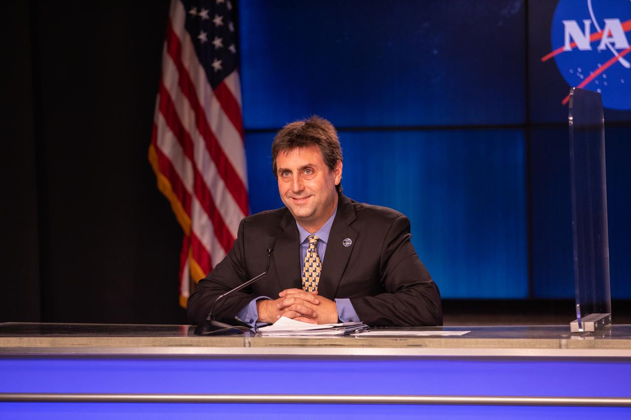 Joel Montalbano, manager, International Space Station, Johnson Space Center, answers questions during a virtual prelaunch news conference Nov. 13, 2020, inside the Press Site auditorium at NASA’s Kennedy Space Center in Florida ahead of the agency’s SpaceX Crew-1 launch. Crew-1 is the first regular crew mission of a U.S. commercial spacecraft with astronauts to the International Space Station as part of NASA’s Commercial Crew Program. The SpaceX Crew Dragon Resilience capsule will launch atop the company’s Falcon 9 rocket from Launch Complex 39A to the space station for a six-month science mission.