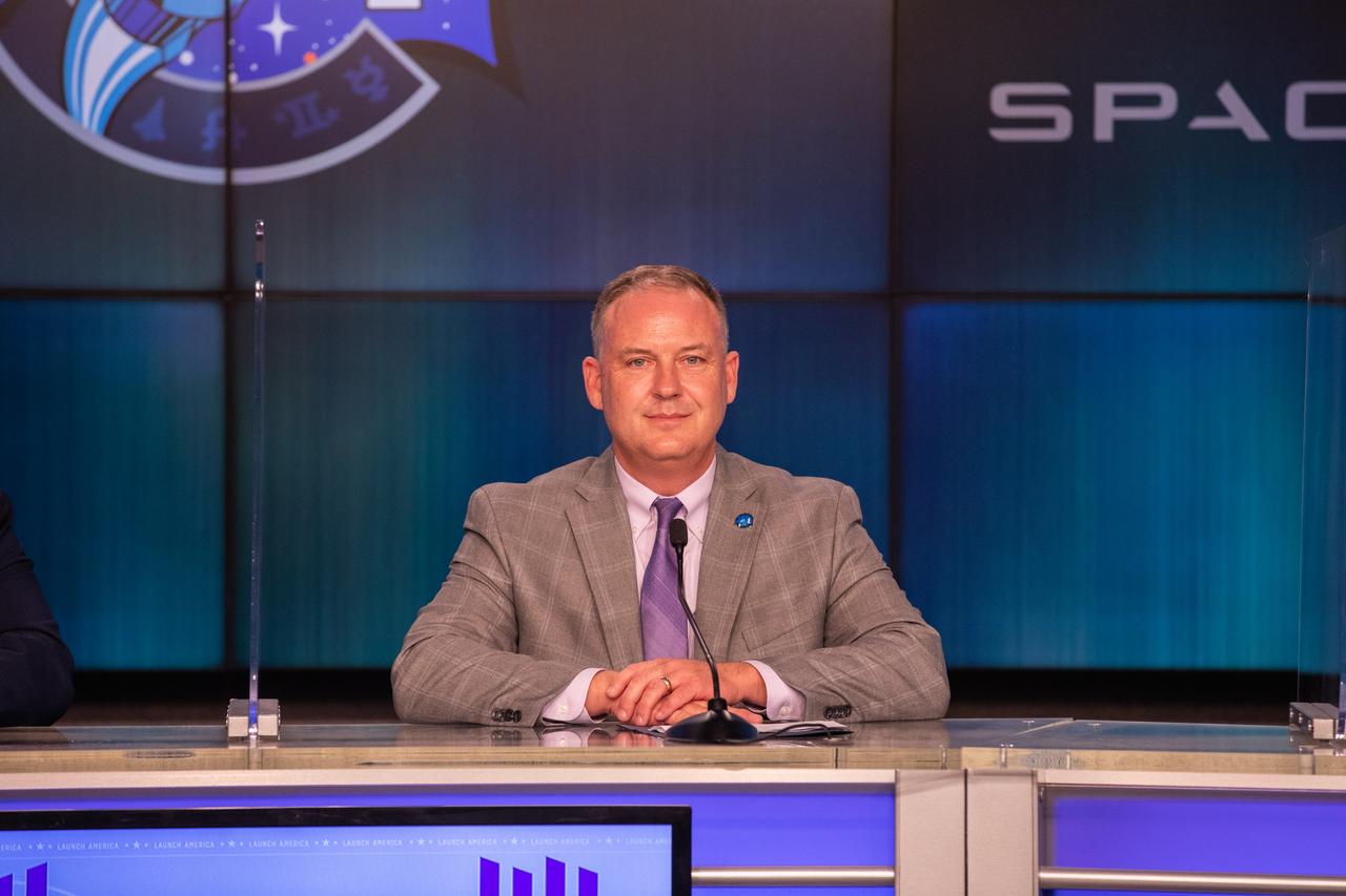 Norm Knight, deputy manager, Flight Operations Directorate, Johnson Space Center, answers questions during a virtual prelaunch news conference Nov. 13, 2020, inside the Press Site auditorium at NASA’s Kennedy Space Center in Florida ahead of the agency’s SpaceX Crew-1 launch. Crew-1 is the first regular crew mission of a U.S. commercial spacecraft with astronauts to the International Space Station as part of NASA’s Commercial Crew Program. The SpaceX Crew Dragon Resilience capsule will launch atop the company’s Falcon 9 rocket from Launch Complex 39A to the space station for a six-month science mission.