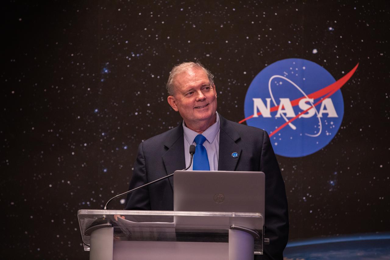 Kyle Herring, NASA Communications, moderates a virtual prelaunch news conference Nov. 13, 2020, inside the Press Site auditorium at NASA’s Kennedy Space Center in Florida ahead of the agency’s SpaceX Crew-1 launch. Crew-1 is the first regular crew mission of a U.S. commercial spacecraft with astronauts to the International Space Station as part of NASA’s Commercial Crew Program. The SpaceX Crew Dragon Resilience capsule will launch atop the company’s Falcon 9 rocket from Launch Complex 39A to the space station for a six-month science mission.