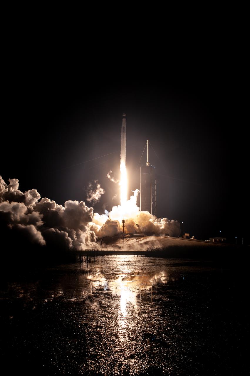 A SpaceX Falcon 9 rocket lifts off at 7:27 p.m. EST from Launch Complex 39A at NASA’s Kennedy Space Center in Florida on Nov. 15, 2020, carrying the company’s Crew Dragon Resilience capsule. Onboard the capsule are NASA’s SpaceX Crew-1 NASA astronauts, Michael Hopkins, spacecraft commander; Victor Glover, pilot; Shannon Walker, mission specialist; and Japan Aerospace Exploration Agency astronaut Soichi Noguchi, mission specialist. Crew-1 is the first regular crew mission of a U.S. commercial spacecraft with astronauts to the International Space Station as part of NASA’s Commercial Crew Program. The Crew Dragon will dock with the space station and the crew will remain on the orbiting laboratory for a six-month science mission.