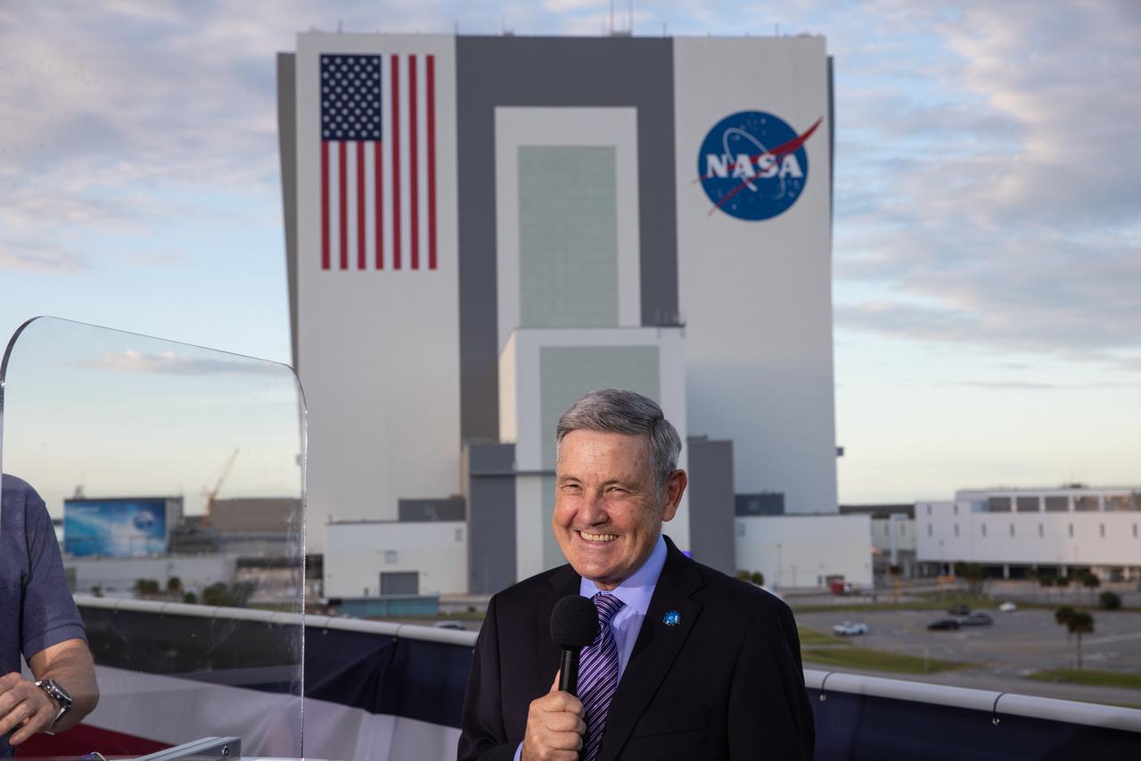 During live television coverage of NASA SpaceX’s Crew-1 launch on Nov. 15, 2020, Kennedy Space Center Director Bob Cabana discusses the Crew-1 mission on the observation deck of the center’s Operations Support Building II in Florida. Crew-1 is the first regular crew mission of a U.S. commercial spacecraft with astronauts to the International Space Station as part of NASA’s Commercial Crew Program. The Crew Dragon Resilience capsule will launch atop a Falcon 9 rocket from Launch Complex 39A carrying NASA astronauts Michael Hopkins, Victor Glover, Shannon Walker and Japan Aerospace Exploration Agency (JAXA) astronaut Soichi Noguchi to the space station for a six-month science mission.