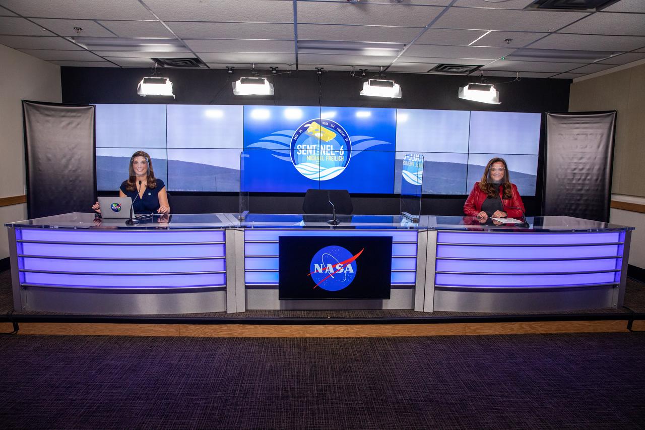 Marina Jurica of NASA’s Jet Propulsion Laboratory in Pasadena, left, and Karen St. Germain, director of the agency’s Earth Science Division, participate in a science briefing for the Sentinel-6 Michael Freilich mission at Vandenberg Air Force Base in California on Nov. 20, 2020. The Sentinel-6/Jason-CS (Continuity of Service) mission consists of the Sentinel-6 Michael Freilich satellite, which will be followed by its twin, the Sentinel-6B satellite, in 2025. The Sentinel-6/Jason-CS mission is part of Copernicus, the European Union’s Earth observation program, managed by the European Commission. Continuing the legacy of the Jason series missions, Sentinel-6/Jason-CS will extend the records of sea level into their fourth decade, collecting accurate measurements of sea surface height for more than 90% of the world’s seas, and providing crucial information for operational oceanography, marine meteorology, and climate studies. Sentinel-6 Michael Freilich launched Nov. 21, 2020, at 9:17 PST (12:17 EST). NASA’s Launch Services Program at Kennedy Space Center was responsible for launch management.