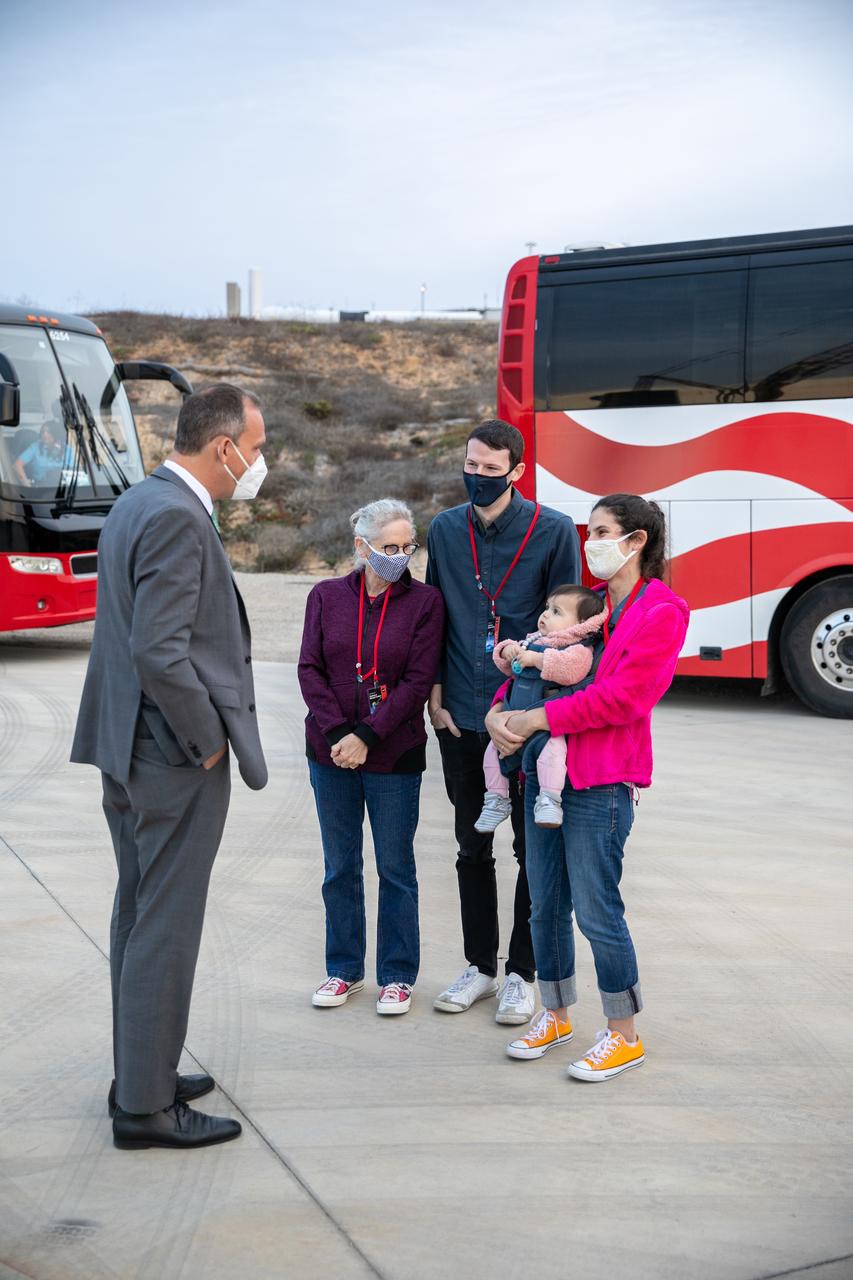 Associate Administrator for NASA’s Science Mission Directorate Thomas Zurbuchen, far left, greets family members of Dr. Michael Freilich, for whom the Sentinel-6 Michael Freilich satellite is named, at Vandenberg Air Force Base in California on Nov. 20, 2020, the day before the spacecraft’s planned launch atop a Falcon 9 rocket. From left are Freilich’s wife, Shoshannah, and their children, Daniel and Sarah. Freilich served as director of NASA’s Earth Science Division in the Science Mission Directorate at the agency’s Headquarters from 2006 until his retirement in 2019. A tireless advocate for advancing satellite measurements of the ocean, he was instrumental in advancing ocean altimetry and helped drive the evolution of NASA Earth science from a program that launched an Earth-observing space mission every few years to one that launches several missions each year. Freilich died Aug. 5, 2020, of pancreatic cancer. Sentinel-6 Michael Freilich launched Nov. 21, 2020, at 9:17 a.m. PST (12:17 p.m. EST). NASA’s Launch Services Program at Kennedy Space Center was responsible for launch management.