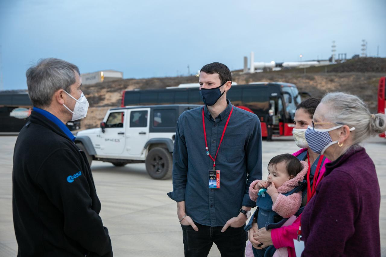 European Space Agency’s Copernicus Space Segment Programme Manager Guido Levrini, far left, greets family members of Dr. Michael Freilich, for whom the Sentinel-6 Michael Freilich satellite is named, at Vandenberg Air Force Base in California on Nov. 20, 2020, the day before the spacecraft’s planned launch atop a Falcon 9 rocket. From left are his children, Daniel and Sarah, and his wife, Shoshannah. Freilich served as director of NASA’s Earth Science Division in the Science Mission Directorate at the agency’s Headquarters from 2006 until his retirement in 2019. A tireless advocate for advancing satellite measurements of the ocean, he was instrumental in advancing ocean altimetry and helped drive the evolution of NASA Earth science from a program that launched an Earth-observing space mission every few years to one that launches several missions each year. Freilich died Aug. 5, 2020, of pancreatic cancer. Sentinel-6 Michael Freilich launched Nov. 21, 2020, at 9:17 a.m. PST (12:17 p.m. EST). NASA’s Launch Services Program at Kennedy Space Center was responsible for launch management.