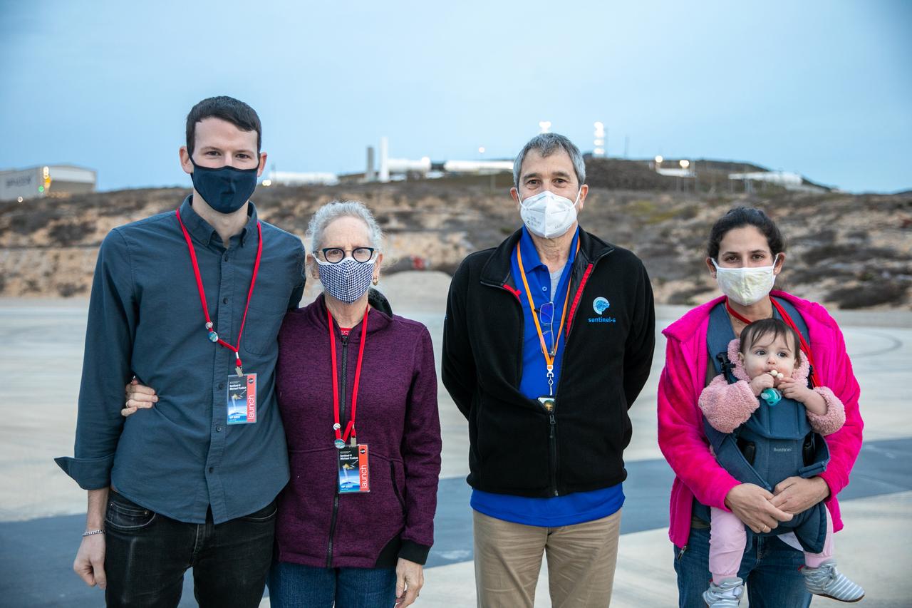 Family members of Dr. Michael Freilich, for whom the Sentinel-6 Michael Freilich satellite is named, pause for a photograph with European Space Agency’s Copernicus Space Segment Programme Manager Guido Levrini, second from right, at Vandenberg Air Force Base in California on Nov. 20, 2020, the day before the spacecraft’s planned launch atop a Falcon 9 rocket. From left are Freilich’s son and wife, Daniel and Shoshannah, and at far right is his daughter, Sarah. Freilich served as director of NASA’s Earth Science Division in the Science Mission Directorate at the agency’s Headquarters from 2006 until his retirement in 2019. A tireless advocate for advancing satellite measurements of the ocean, he was instrumental in advancing ocean altimetry and helped drive the evolution of NASA Earth science from a program that launched an Earth-observing space mission every few years to one that launches several missions each year. Freilich died Aug. 5, 2020, of pancreatic cancer. Sentinel-6 Michael Freilich launched Nov. 21, 2020, at 9:17 a.m. PST (12:17 p.m. EST). NASA’s Launch Services Program at Kennedy Space Center was responsible for launch management.