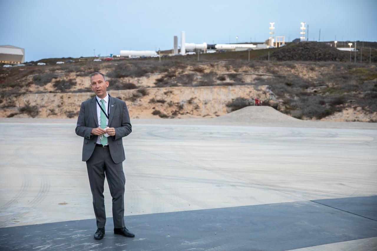 Associate Administrator for NASA’s Science Mission Directorate Thomas Zurbuchen speaks to family members of Dr. Michael Freilich, for whom the Sentinel-6 Michael Freilich satellite is named, at Vandenberg Air Force Base in California on Nov. 20, 2020, the day before the spacecraft’s planned launch atop a Falcon 9 rocket. Freilich served as director of NASA’s Earth Science Division in the Science Mission Directorate at the agency’s Headquarters from 2006 until his retirement in 2019. A tireless advocate for advancing satellite measurements of the ocean, he was instrumental in advancing ocean altimetry and helped drive the evolution of NASA Earth science from a program that launched an Earth-observing space mission every few years to one that launches several missions each year. Freilich died Aug. 5, 2020, of pancreatic cancer. Sentinel-6 Michael Freilich launched Nov. 21, 2020, at 9:17 a.m. PST (12:17 p.m. EST). NASA’s Launch Services Program at Kennedy Space Center was responsible for launch management.