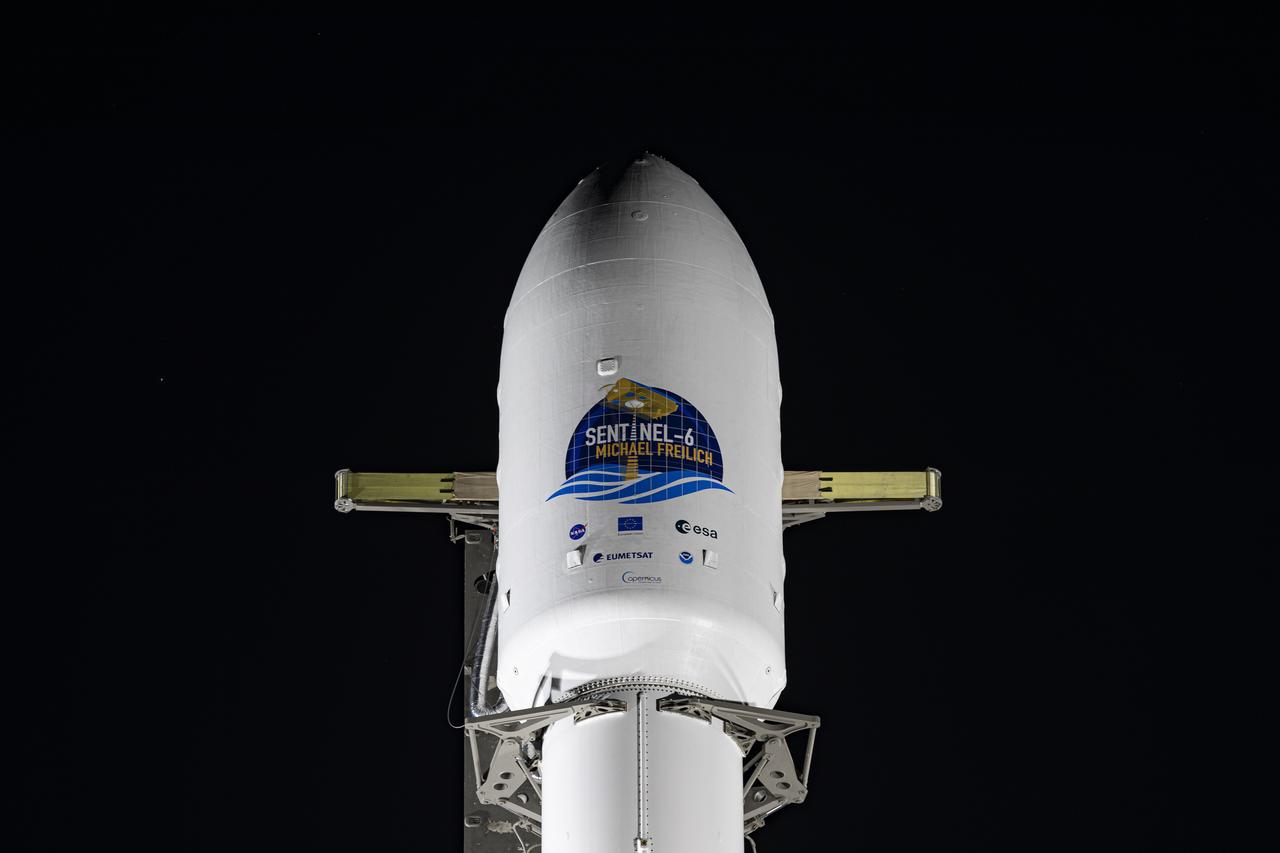The protective payload fairing containing the Sentinel-6 Michael Freilich satellite is seen atop the SpaceX Falcon 9 after the rocket was lifted to vertical at Space Launch Complex 4 at Vandenberg Air Force Base in California on Nov. 20, 2020. The Sentinel-6/Jason-CS (Continuity of Service) mission consists of the Sentinel-6 Michael Freilich satellite, which will be followed by its twin, the Sentinel-6B satellite, in 2025. The Sentinel-6/Jason-CS mission is part of Copernicus, the European Union’s Earth observation program, managed by the European Commission. Continuing the legacy of the Jason series missions, Sentinel-6/Jason-CS will extend the records of sea level into their fourth decade, collecting accurate measurements of sea surface height for more than 90% of the world’s seas, and providing crucial information for operational oceanography, marine meteorology, and climate studies. Sentinel-6 Michael Freilich launched Nov. 21, 2020, at 9:17 PST (12:17 EST). NASA’s Launch Services Program at Kennedy Space Center was responsible for launch management.