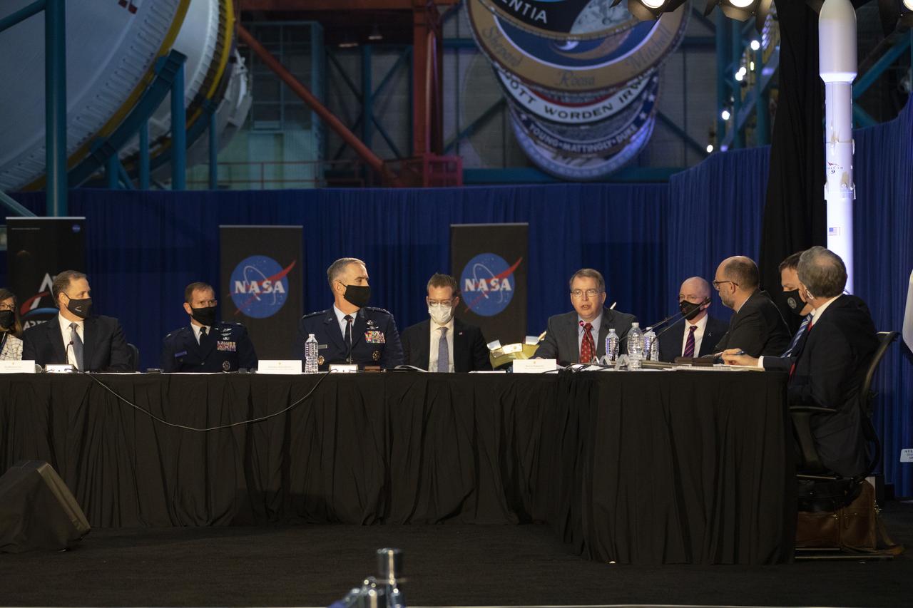 The National Space Council meets inside the Apollo/Saturn V Center at the Kennedy Space Center Visitor Complex in Florida on Dec. 9, 2020. The council's role is to advise the president regarding national space policy and strategy and to review the nation's long-range goals for space activities. Vice President Mike Pence chaired the meeting, at which he announced the initial team of 18 astronauts eligible for early Artemis missions on and around the Moon. Under the Artemis program, NASA will land the first woman and the next man on the Moon in 2024.