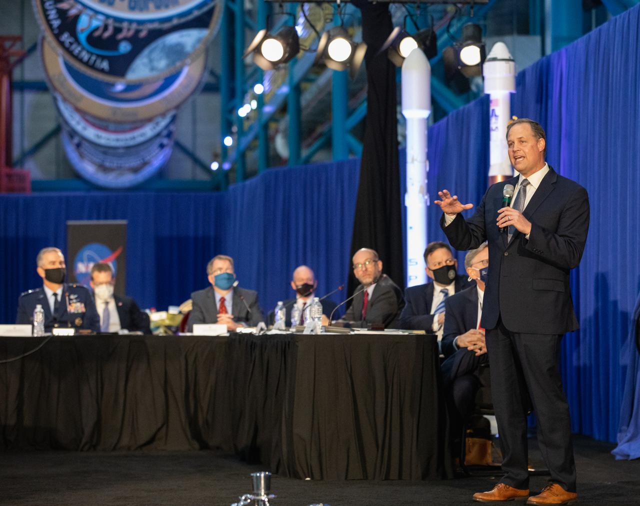 NASA Administrator Jim Bridenstine speaks during the National Space Council meeting inside the Apollo/Saturn V Center at the Kennedy Space Center Visitor Complex in Florida on Dec. 9, 2020. The council's role is to advise the president regarding national space policy and strategy and to review the nation's long-range goals for space activities. Vice President Mike Pence chaired the meeting, at which he announced the initial team of 18 astronauts eligible for early Artemis missions on and around the Moon. Under the Artemis program, NASA will land the first woman and the next man on the Moon in 2024.