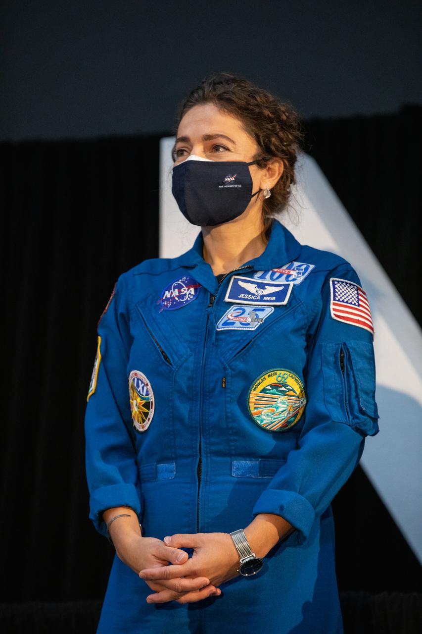 NASA astronaut Jessica Meir attends an announcement Dec. 9, 2020, that she is one of the initial team of 18 astronauts eligible for early Artemis missions on and around the Moon. A Maine native, Meir was selected as a NASA astronaut in 2013 and has spent 205 days in space on one previous flight. Joining her at the event were fellow astronauts Joseph Acaba, Matthew Dominick, Anne McClain, and Jessica Watkins. Vice President Mike Pence made the announcement at the close of a National Space Council meeting he chaired in the Apollo/Saturn V Center at the Kennedy Space Center Visitor Complex in Florida. Under the Artemis program, NASA will land the first woman and the next man on the Moon in 2024.