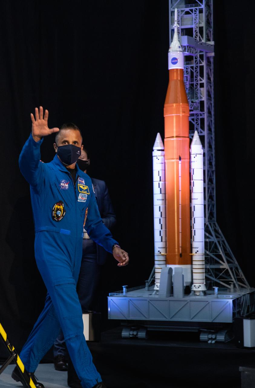 NASA astronaut Joseph Acaba waves during an announcement Dec. 9, 2020, that he is one of the initial team of 18 astronauts eligible for early Artemis missions on and around the Moon. A California native, Acaba was selected as a NASA astronaut in 2004 and has logged a total of 306 days in space on three flights. Joining him at the event were fellow astronauts Matthew Dominick, Jessica Meir, Anne McClain, and Jessica Watkins. Vice President Mike Pence made the announcement at the close of a National Space Council meeting he chaired in the Apollo/Saturn V Center at the Kennedy Space Center Visitor Complex in Florida. Under the Artemis program, NASA will land the first woman and the next man on the Moon in 2024.