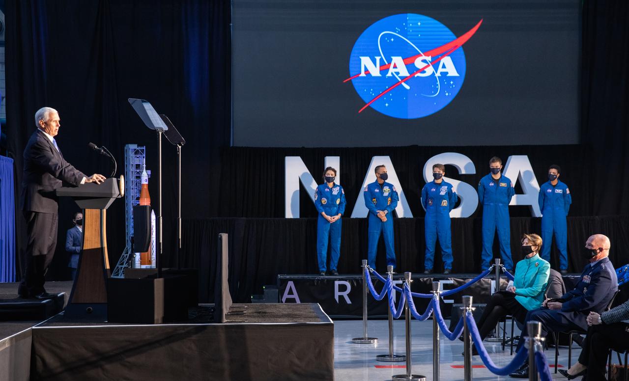 Vice President Mike Pence introduces NASA astronauts, from left, Jessica Meir, Joseph Acaba, Anne McClain, Matthew Dominick, and Jessica Watkins, during a meeting of the National Space Council inside the Apollo/Saturn V Center at the Kennedy Space Center Visitor Complex in Florida on Dec. 9, 2020. Meir, Acaba, McClain, Dominick, and Watkins are among the initial team of 18 astronauts eligible for early Artemis missions on and around the Moon. Under the Artemis program, NASA will land the first woman and the next man on the Moon in 2024.