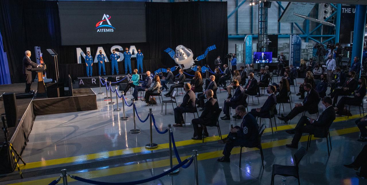 Vice President Mike Pence introduces NASA astronauts, from left, Jessica Meir, Joseph Acaba, Anne McClain, Matthew Dominick, and Jessica Watkins, during a meeting of the National Space Council inside the Apollo/Saturn V Center at the Kennedy Space Center Visitor Complex in Florida on Dec. 9, 2020. Meir, Acaba, McClain, Dominick, and Watkins are among the initial team of 18 astronauts eligible for early Artemis missions on and around the Moon. Under the Artemis program, NASA will land the first woman and the next man on the Moon in 2024.