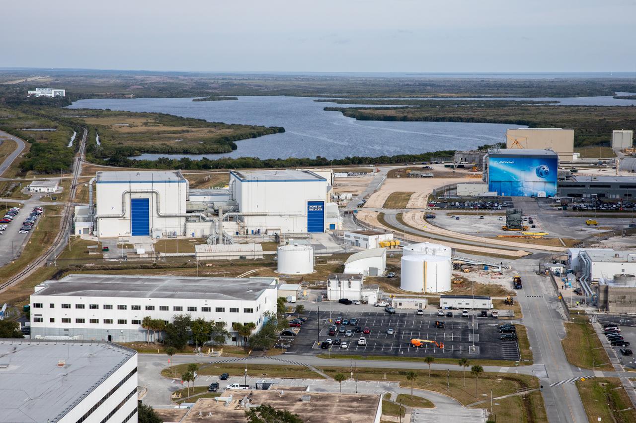 An aerial view of several processing facilities at NASA’s Kennedy Space Center in Florida on Jan. 13, 2021. In view at right is Boeing’s Commercial Crew and Cargo Processing Facility.