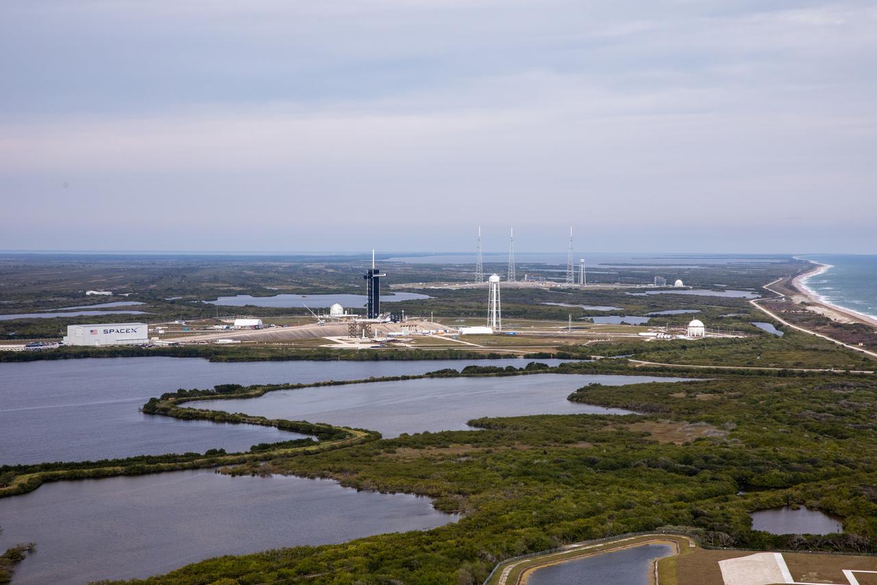 An aerial view looking north at SpaceX’s Launch Complex 39A at NASA’s Kennedy Space Center in Florida on Jan. 13, 2021. Launch Complex 39B, from which NASA will launch Artemis missions, is just beyond. A proposed site for Launch Complex 49 is north of these historic launch pads on the Atlantic Ocean and still within Kennedy’s security perimeter.