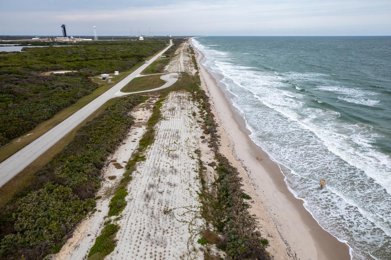 An aerial view of the Atlantic Ocean coastline and dunes along NASA’s Kennedy Space Center in Florida on Jan. 13, 2021.