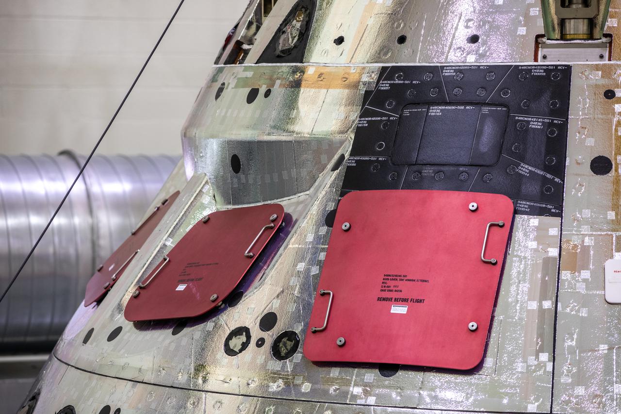 Orion is revealed for one of the final times on Jan. 14, as it is readied atop its transport pallet from the Neil Armstrong Operations and Checkout Building at NASA’s Kennedy Space Center in Florida, along its path to the pad ahead of the Artemis I launch. Teams across the globe have worked tirelessly to assemble the spacecraft which will receive a protective covering prior to departing for the Multi-Payload Processing Facility to begin ground processing by the Exploration Ground Systems and Jacobs teams.