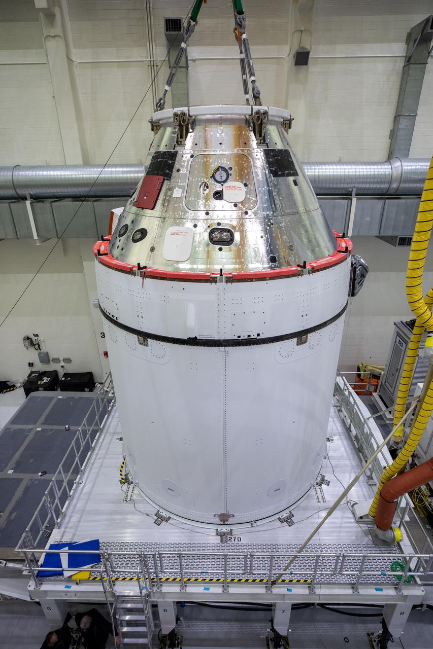 Orion is revealed for one of the final times on Jan. 14, as it is readied atop its transport pallet from the Neil Armstrong Operations and Checkout Building at NASA’s Kennedy Space Center in Florida, along its path to the pad ahead of the Artemis I launch. Teams across the globe have worked tirelessly to assemble the spacecraft, which will receive a protective covering prior to departing for the Multi-Payload Processing Facility to begin ground processing by the Exploration Ground Systems and Jacobs teams.