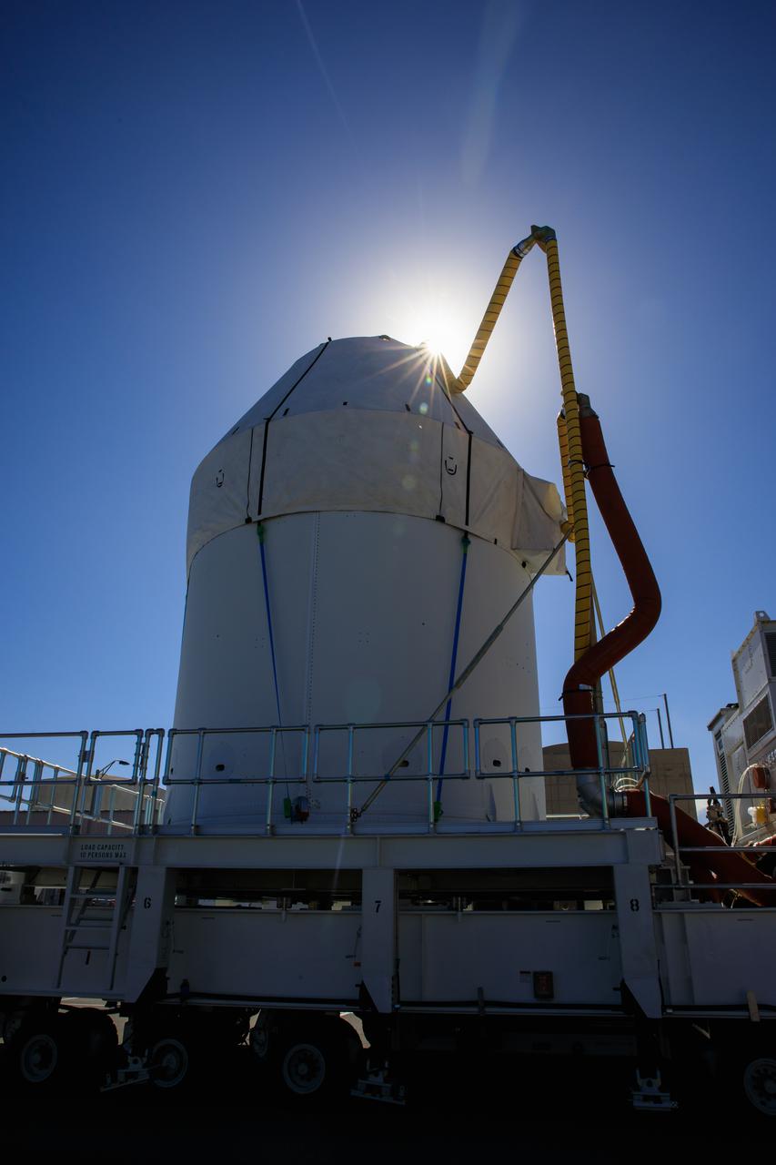 A close-up view of Orion secured atop a transport vehicle as it departs from its home at the Neil Armstrong Operations and Checkout Building at NASA’s Kennedy Space Center in Florida on Jan.16, 2021. Orion’s next stop will be the Multi-Payload Processing Facility where it will undergo ground processing with the Exploration Ground Systems team taking over ground processing ahead of the Artemis I launch.
