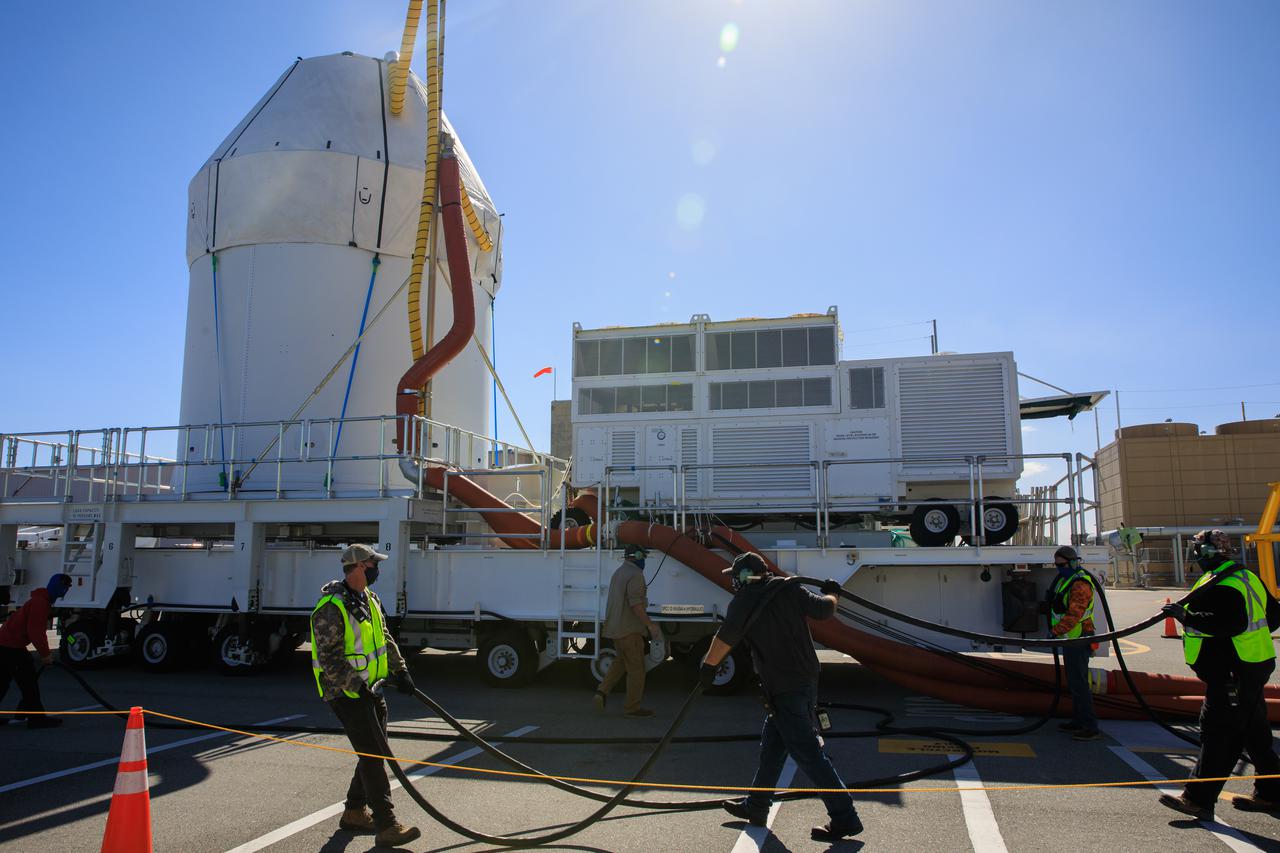A close-up view of Orion secured atop a transport vehicle as it departs from its home at the Neil Armstrong Operations and Checkout Building at NASA’s Kennedy Space Center in Florida on Jan.16, 2021. Orion’s next stop will be the Multi-Payload Processing Facility where it will undergo ground processing with the Exploration Ground Systems team taking over ground processing ahead of the Artemis I launch.