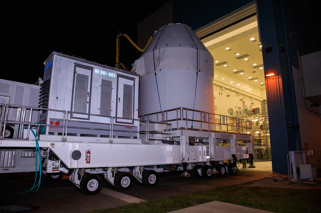 Orion arrives at its next stop along its path to the pad ahead of the Artemis I launch on Jan. 16, 2021, at Kennedy Space Center’s Multi-Payload Processing Facility, where the Exploration Ground Systems and Jacobs teams will take over ground processing. Here, the spacecraft will be “”gassed up” and fueled with commodities as part of preparations ahead of the mission.