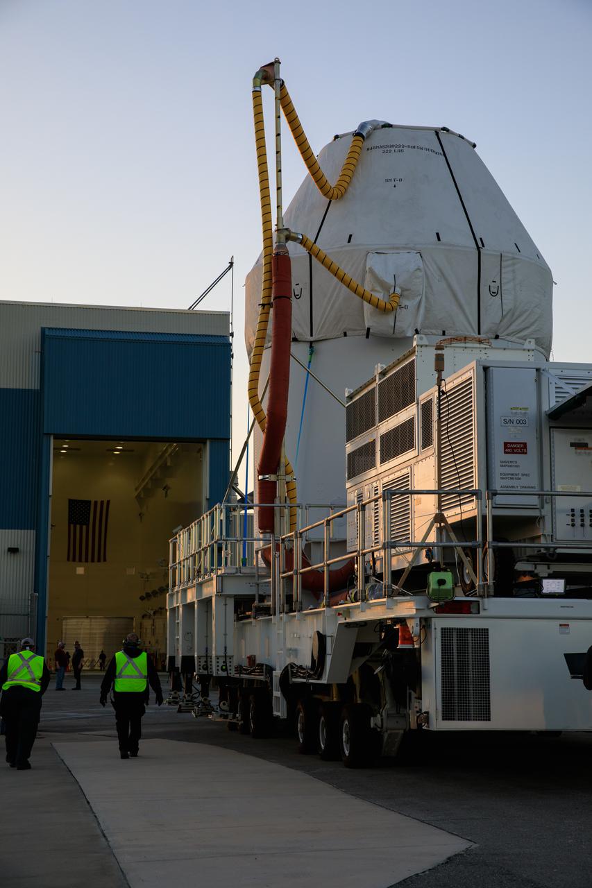 Orion arrives at its next stop along its path to the pad ahead of the Artemis I launch on Jan. 16, 2021, at Kennedy Space Center’s Multi-Payload Processing Facility, where the Exploration Ground Systems and Jacobs teams will take over ground processing. Here, the spacecraft will be “”gassed up” and fueled with commodities as part of preparations ahead of the mission.