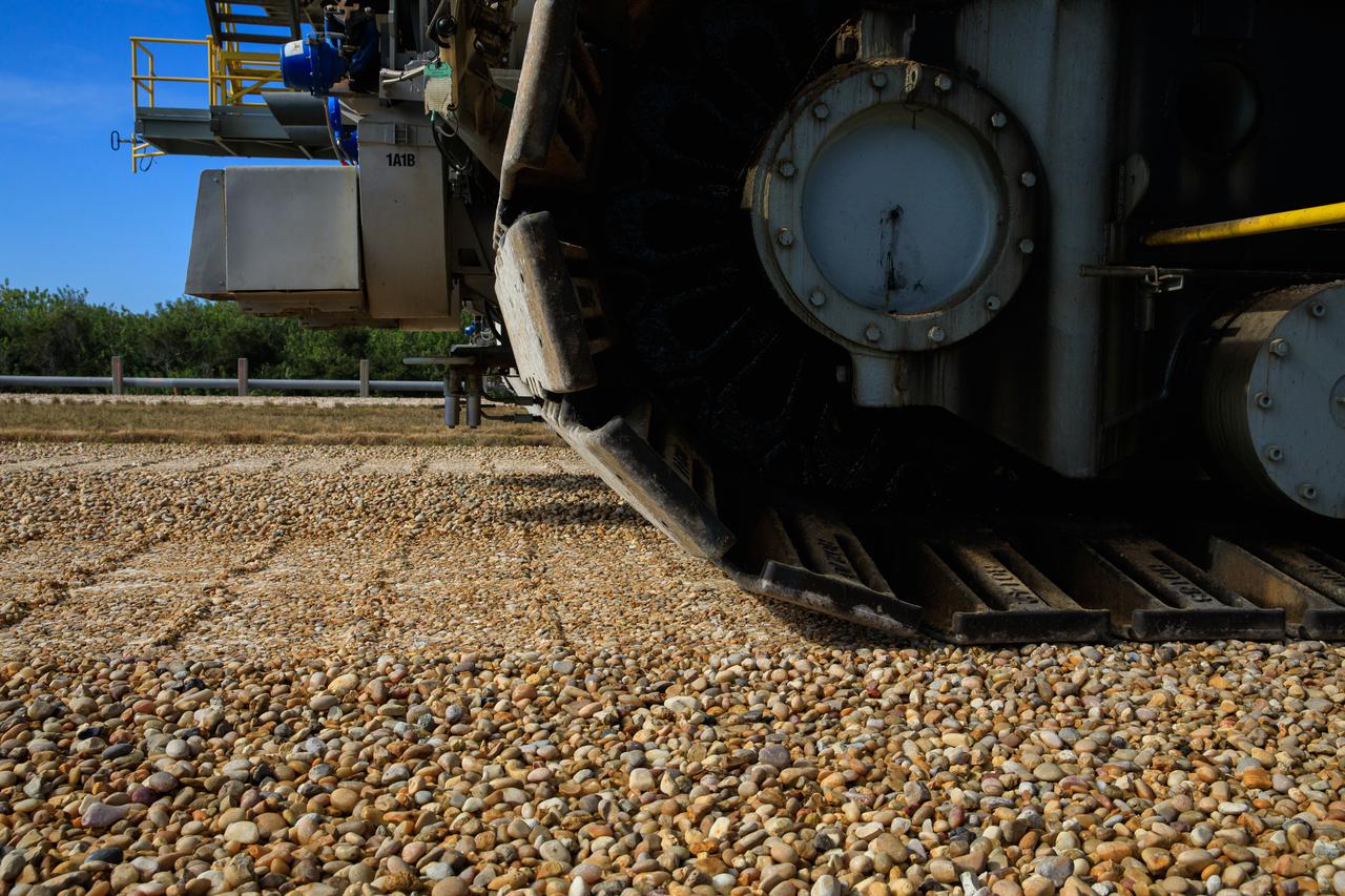 A close-up view of one of the treads on crawler-transporter 2 (CT-2) as the behemoth vehicle moves along the crawlerway at NASA’s Kennedy Space Center in Florida on Jan. 22, 2021. Teams are working to ensure the crawlerway, the path the CT-2, mobile launcher, and Space Launch System rocket with Orion atop will take from the Vehicle Assembly Building to Launch Complex 39B, is strong enough to withstand the weight and provide stability for the Artemis I mission. CT-2 carrying mobile launcher platform 1, used during the shuttle program, was driven back and forth on the crawlerway with several cement blocks, each weighing about 40,000 pounds to strengthen the crawlerway for launch. Artemis I will be the first in a series of increasingly complex missions to the Moon. Under the Artemis program, NASA aims to land the first woman and the next man on the Moon in 2024 and establish sustainable lunar exploration by the end of the decade.